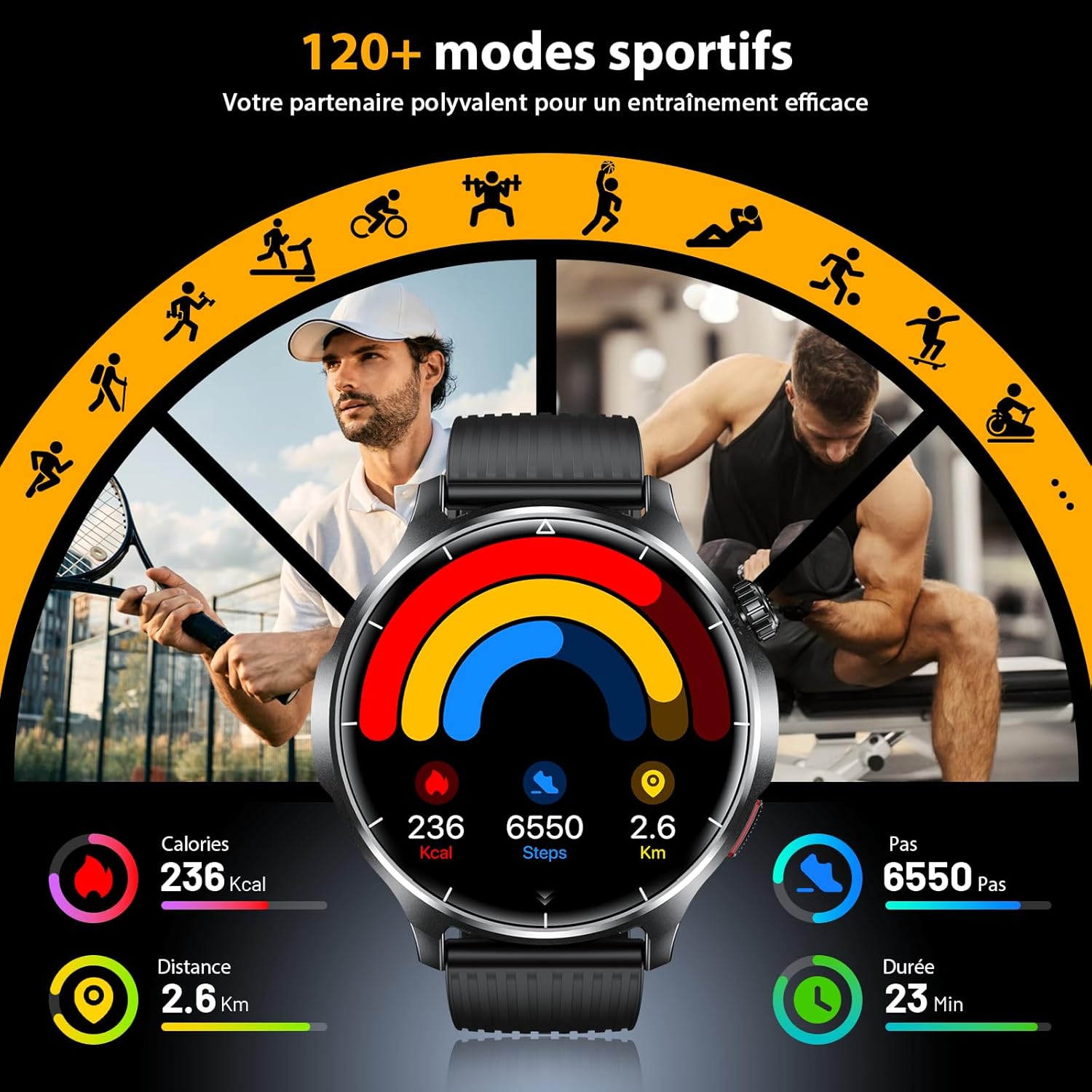 Thumbnail 3 de Montre connectée homme 1,52" HD avec appels Bluetooth et batterie 1000 mAh (IP68, acier noir)