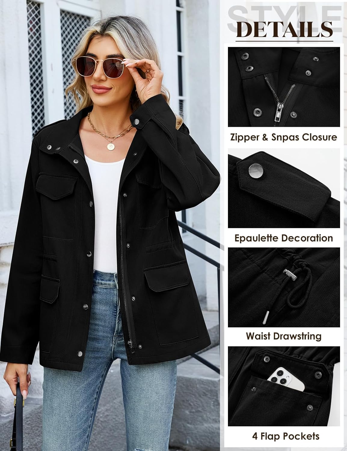 Thumbnail 3 de Tuopuda women’s cotton military jacket with stand-up collar and multiple pockets