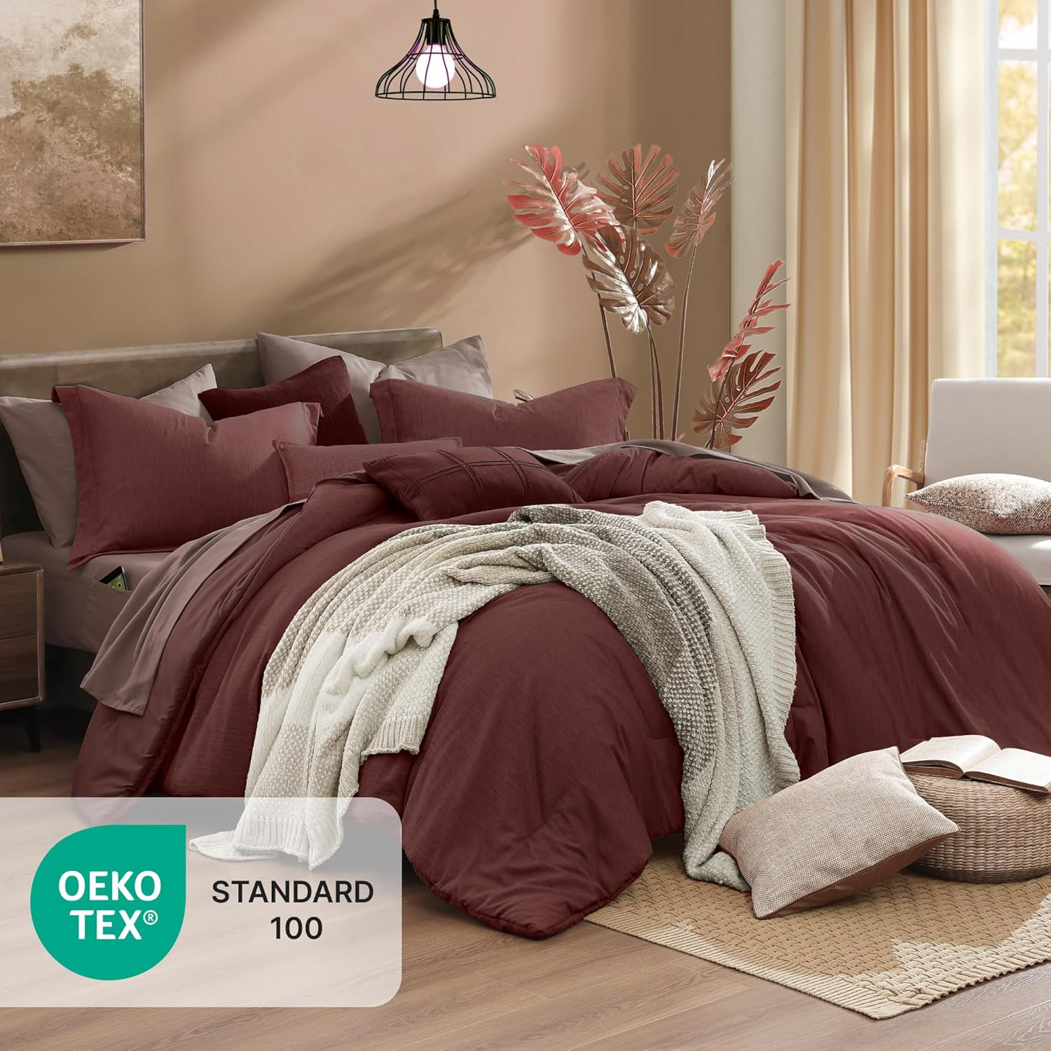 Detalle de Monbix Queen Comforter Set - 7 Pieces, Cationic Dyeing, Dark Red Bed in a Bag