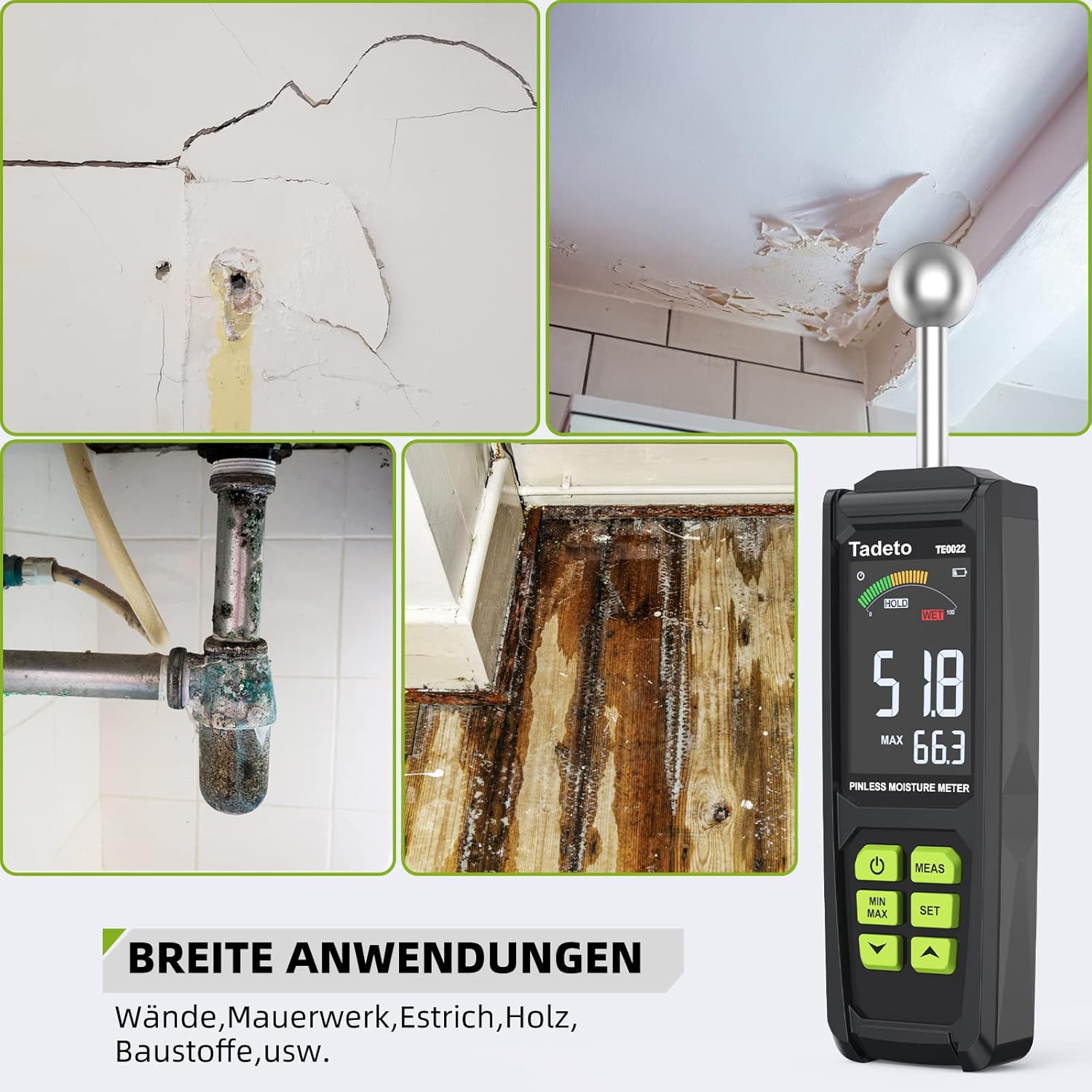 Thumbnail 4 de Tadeto Feuchtemessgerät (20–40 mm Analysietiefe) mit Farb-LCD, Alarm- und Hold-Funktion