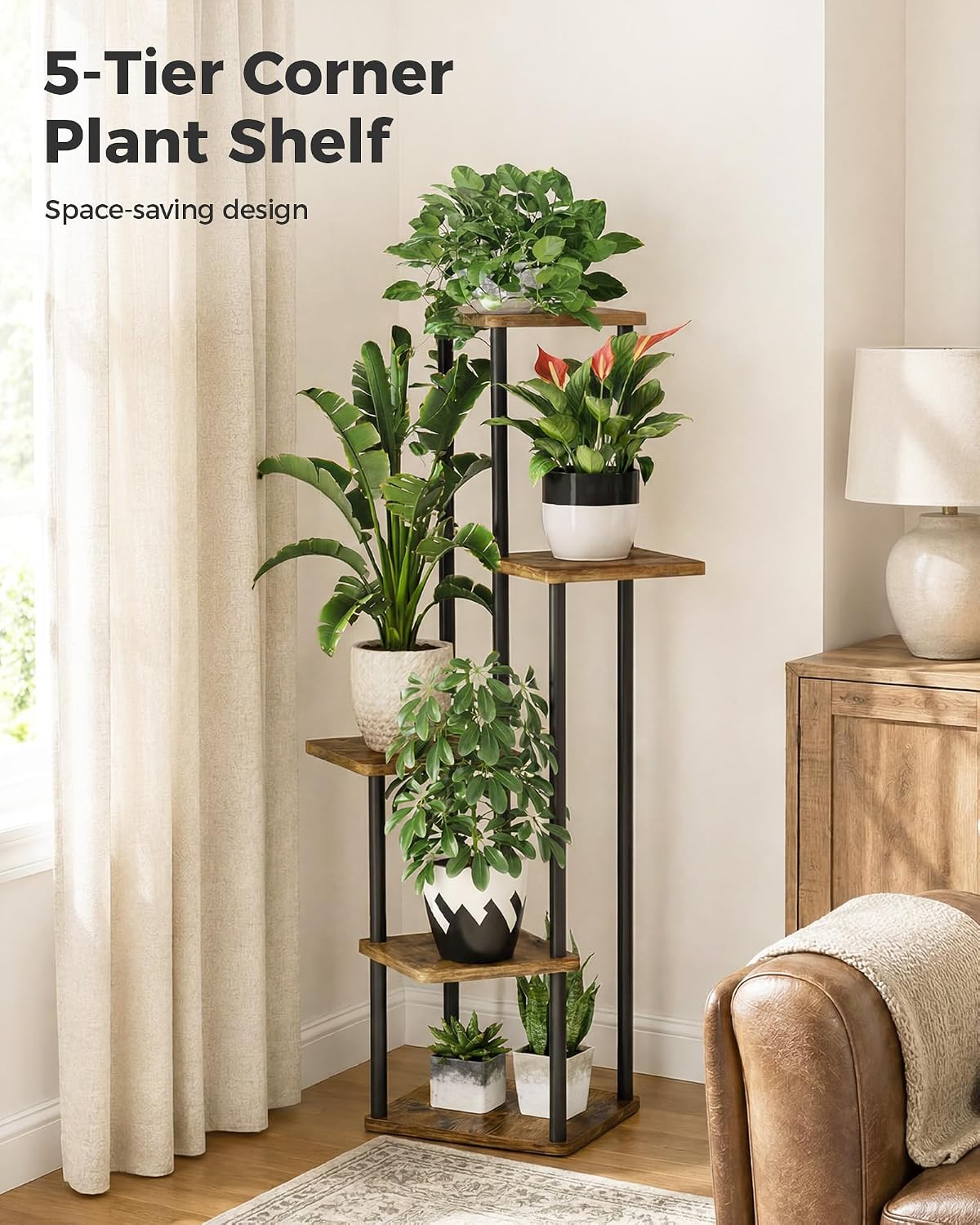 Detalle de Bamworld HTMYX-5T-BLK 5-Tier Corner Plant Stand with Metal Frame