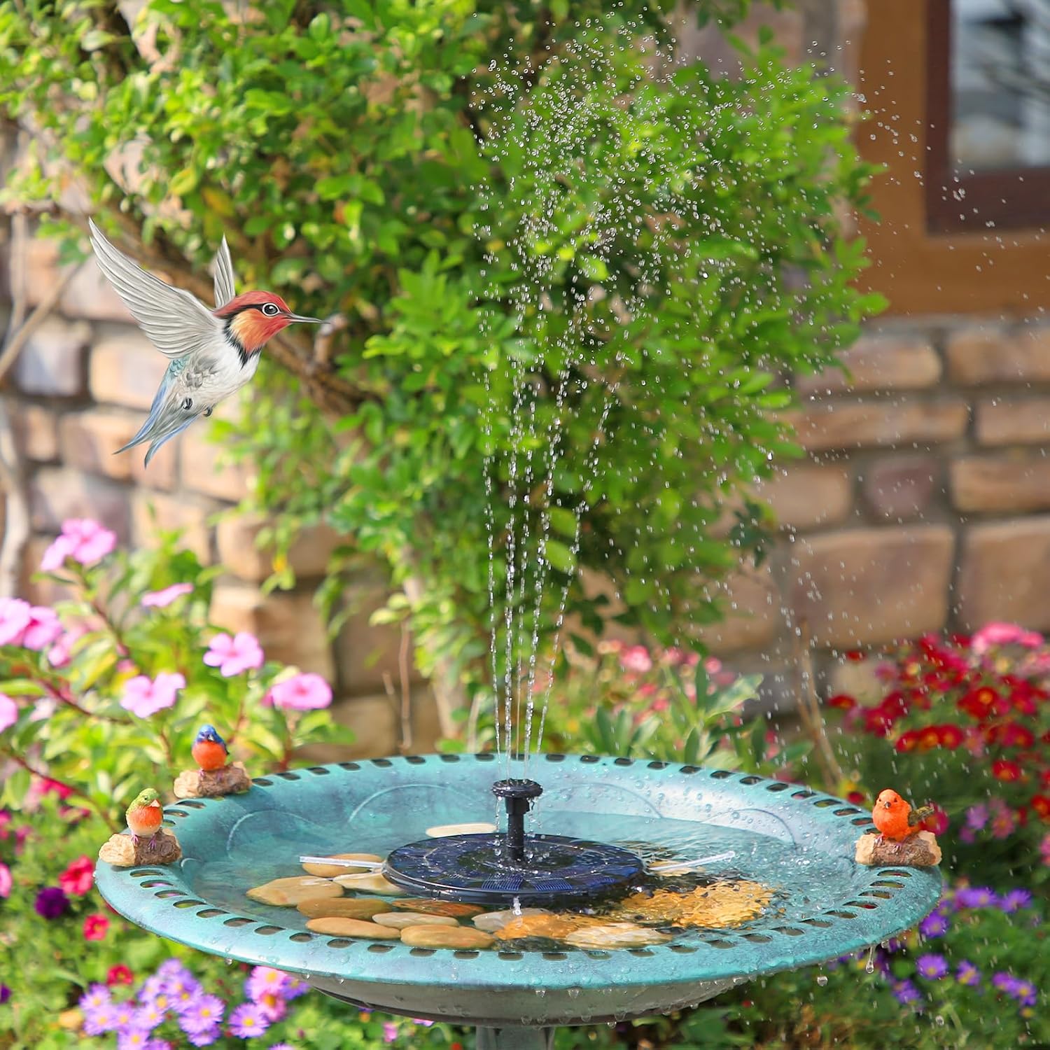 Detalle 2 de AMZtime Solarbrunnen für Draussen – Upgraded Solar Springbrunnen mit 6 Düsen, Vogelbad und Teichpumpe