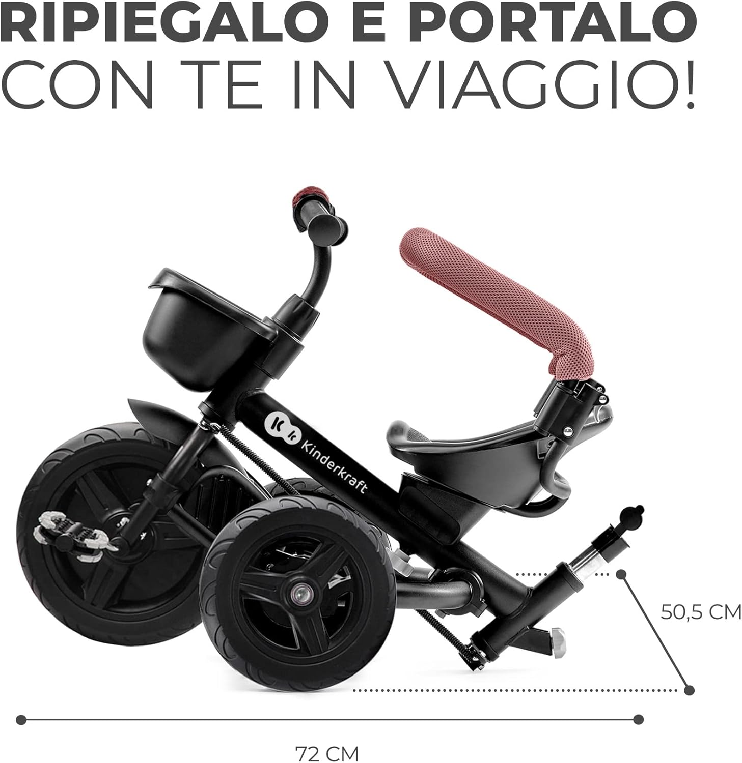 Detalle de Kinderkraft AVEO Triciclo per bambini 9 mesi – 25 kg, maniglione regolabile, pieghevole, sedile girevole fronte mamma e strada, rosa