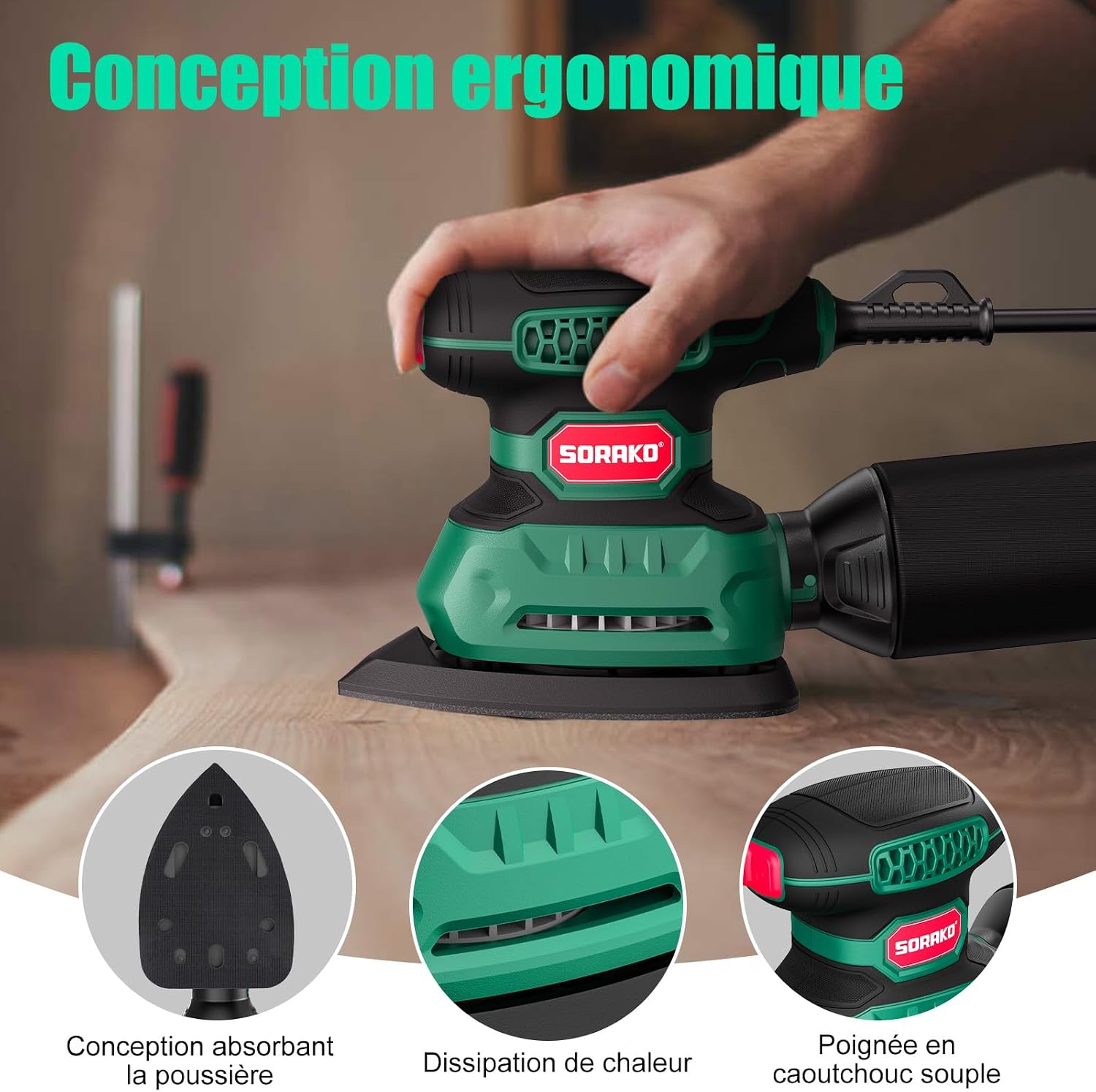 Thumbnail 2 de SORAKO Ponceuse Électrique 220W 14000 OPM – Poncer dans les espaces restreints avec sac à poussière et 16 feuilles