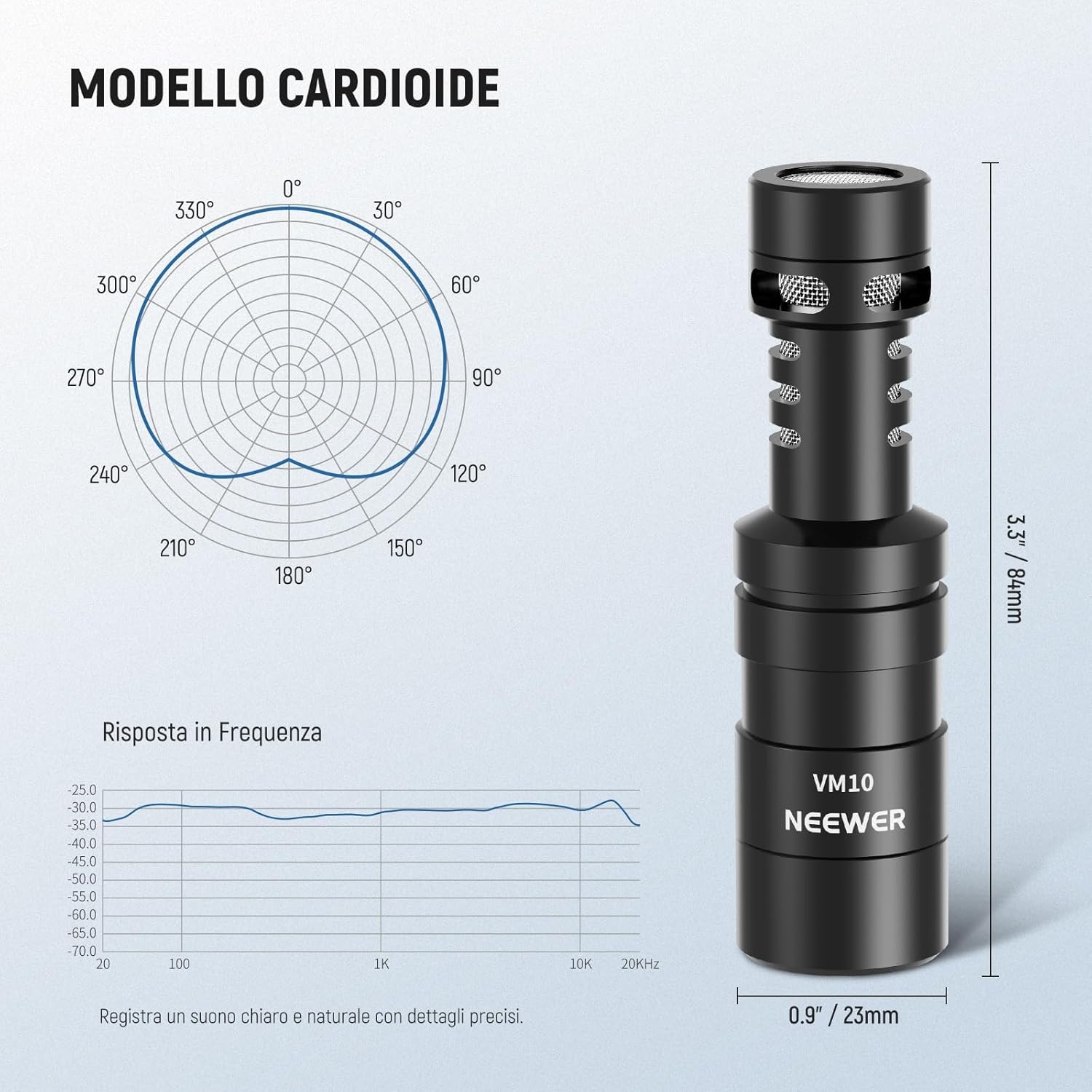 Detalle de Neewer Microfono Vlog Plug & Play mini supercardioide TRS 3,5 mm + USB‑C OTG
