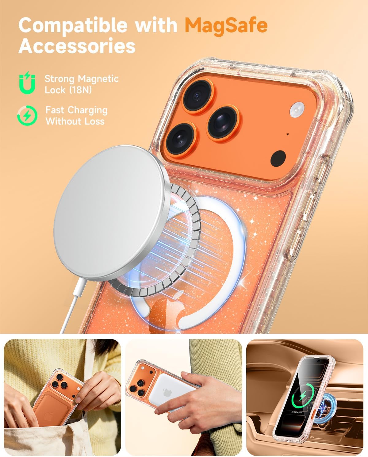 Thumbnail 4 de seacosmo Magnetic iPhone 17 Pro Max Privacy Case with Built‑in Privacy Screen Protector, MagSafe Compatible, Glitter Clear Back