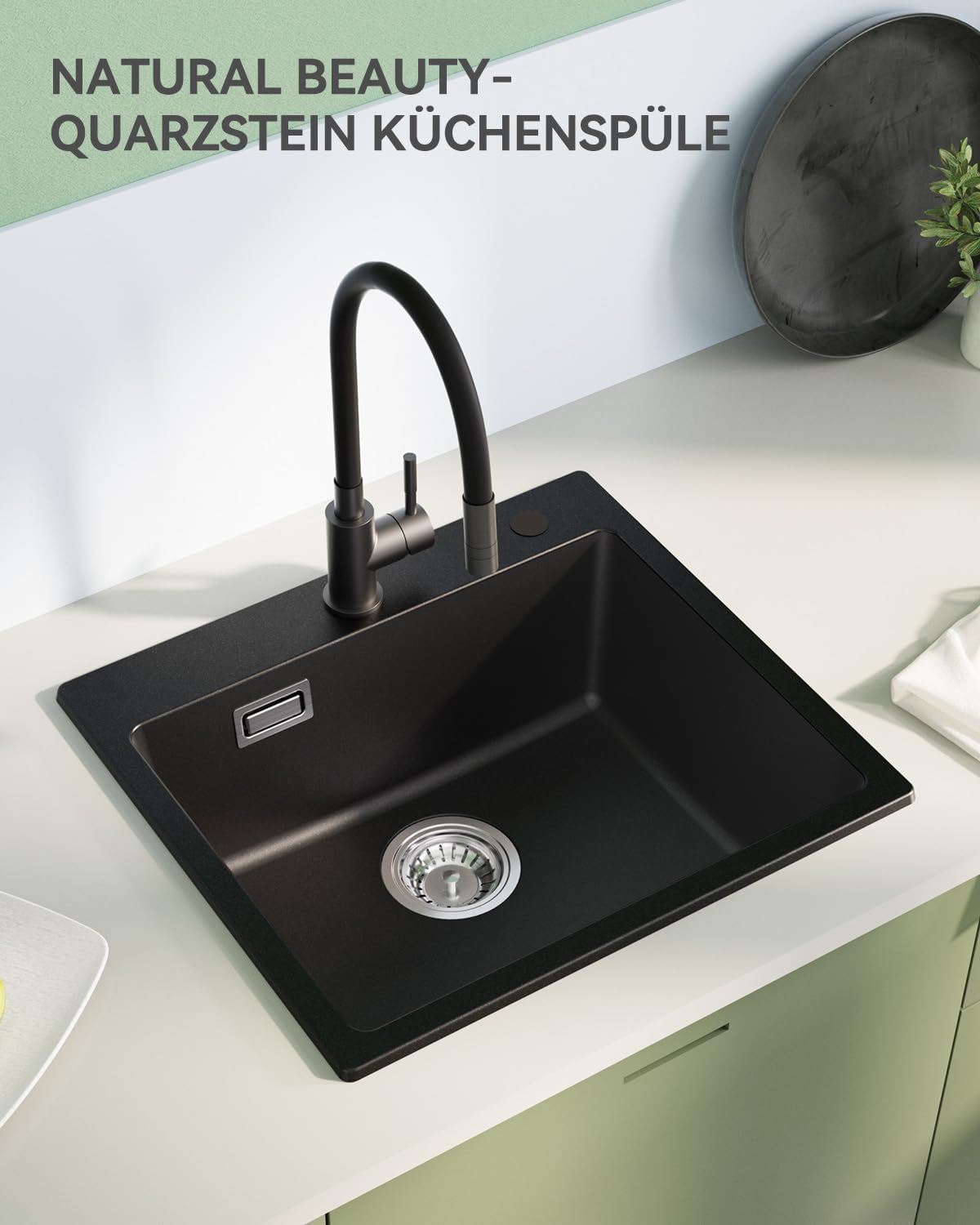 Thumbnail 5 de Sofetiy Küchenspüle Schwarz Granit 50x45cm – Spüle mit 2 Hahnlöchern, 1 Becken