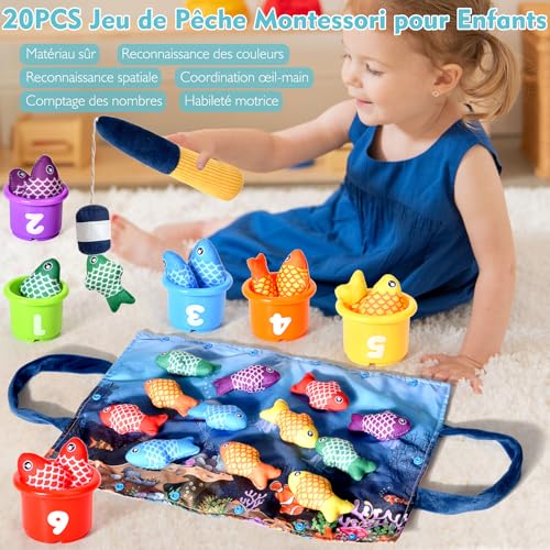 Detalle 2 de Yitical Jeu de Pêche Montessori pour Bébé - Ensemble 22 pièces (12 poissons, 6 seaux, tapis océan)