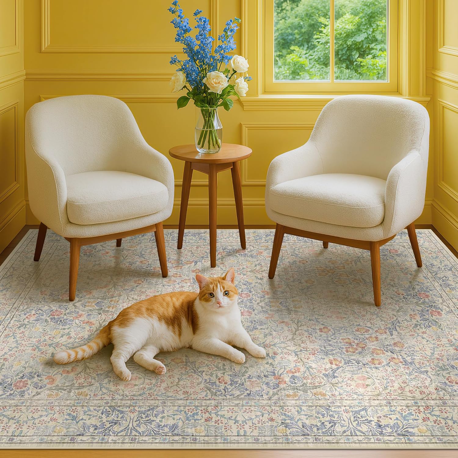 Detalle de Hazo Haus 5' x 7' Floral Area Rug, Washable Low-Pile Polyester with Non-Slip Backing