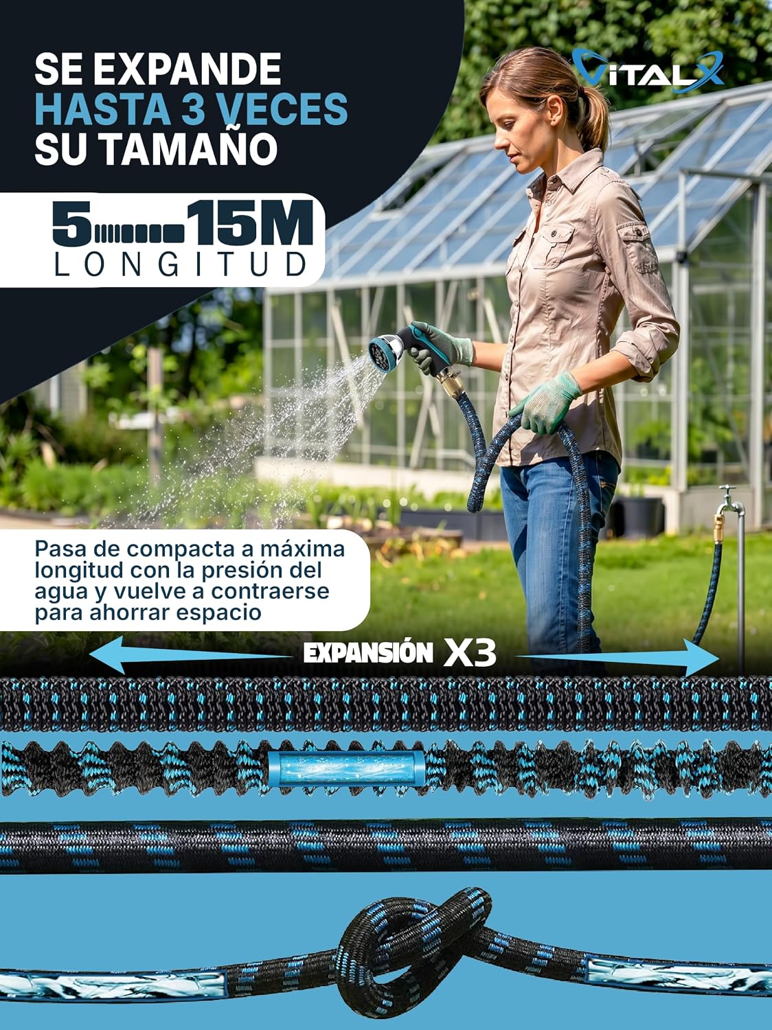 Detalle de VITALX Manguera Extensible de Jardín ANTIPINCHAZOS 15 m con Pistola de Riego 10 Funciones
