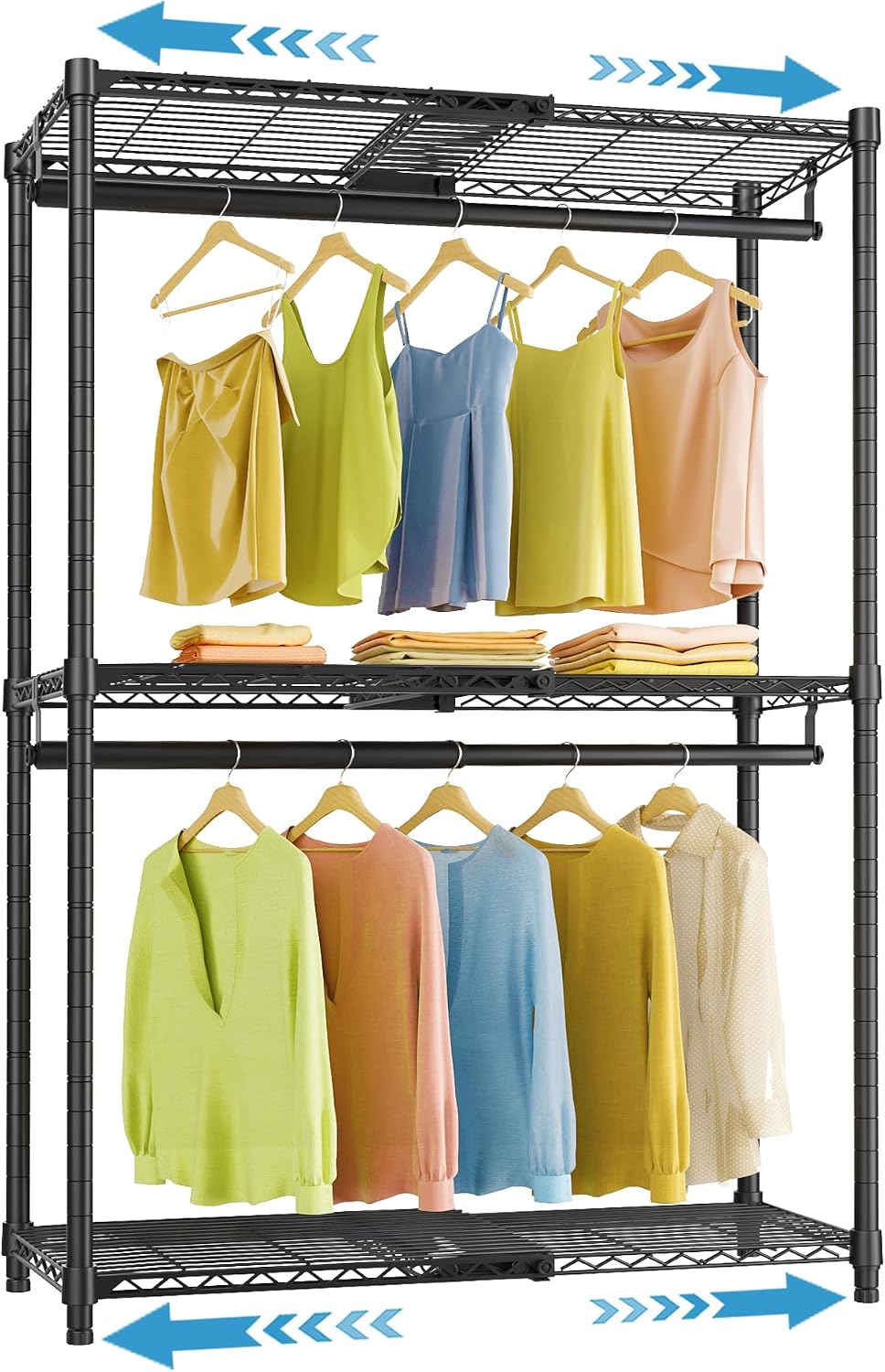 Detalle de VIPEK X1 Adjustable Clothes Rack, 3 Shelves and 2 Extendable Rails, Black