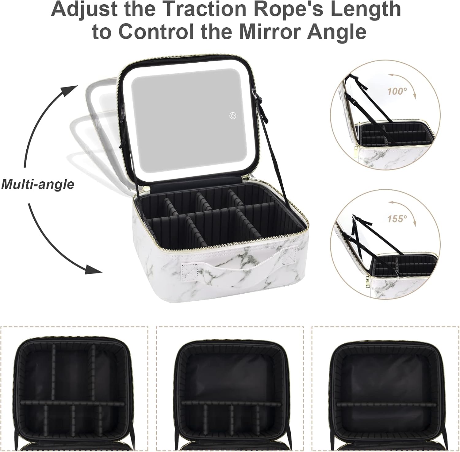 Thumbnail 4 de Travel Makeup Bag with Mirror and Lights (Marble) – Lighted Mirror, Adjustable Dividers & Brushes Holder