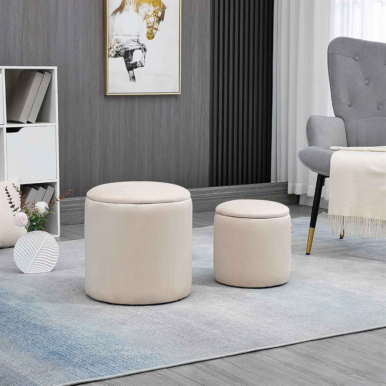 Thumbnail 1 de HOMCOM Lot de 2 poufs tabourets avec coffre de rangement en tissu effet velours côtelé (crème)