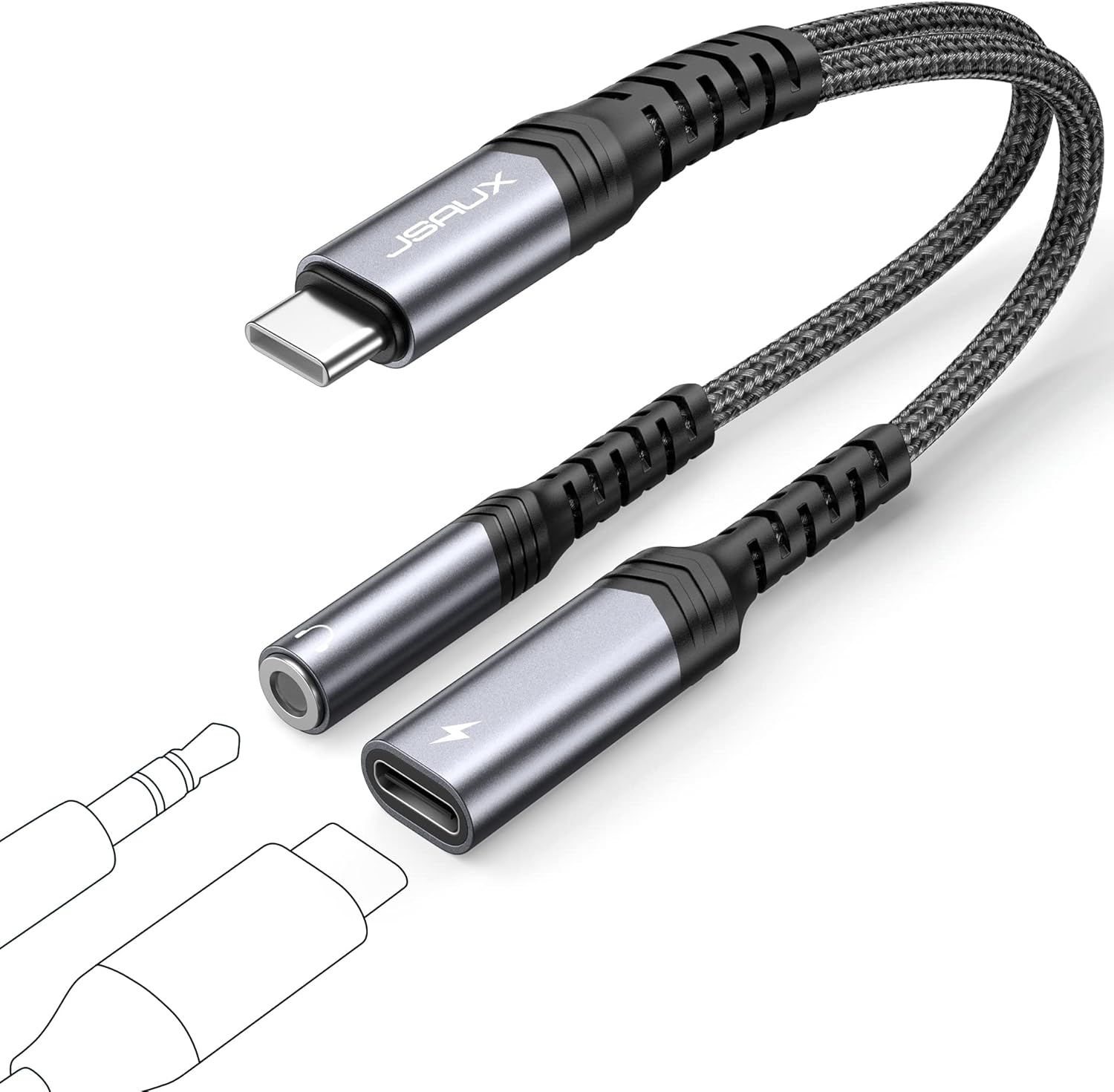 Detalle de JSAUX USB‑C to 3.5mm and 60W PD Charger Adapter (2‑in‑1) – Grey