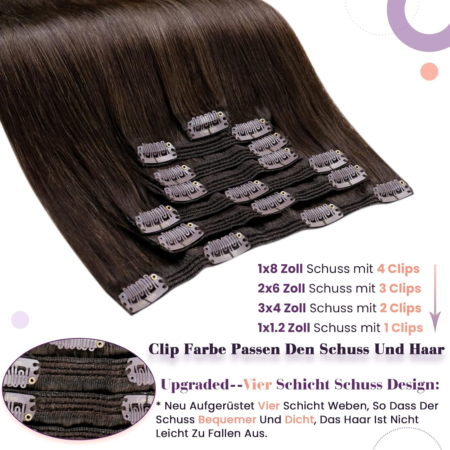 Thumbnail 1 de LaaVoo Echthaar Clip-in Extensions Braun, 40 cm, 7 Stück – Echthaar Dunkelbraun