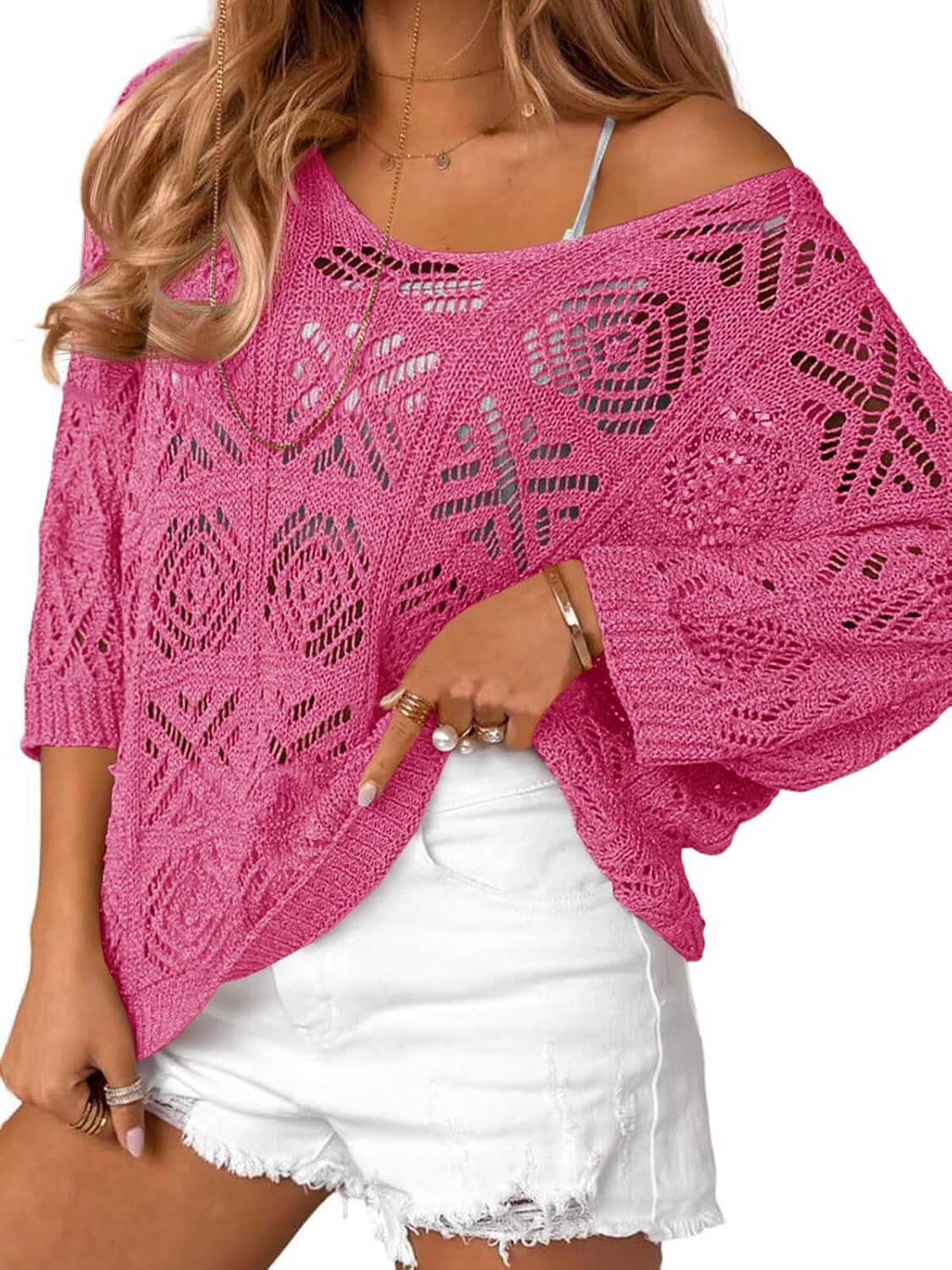 Detalle de Saodimallsu Women’s Crochet Cover Up Top (Off-Shoulder Mesh, 3/4 Sleeve)