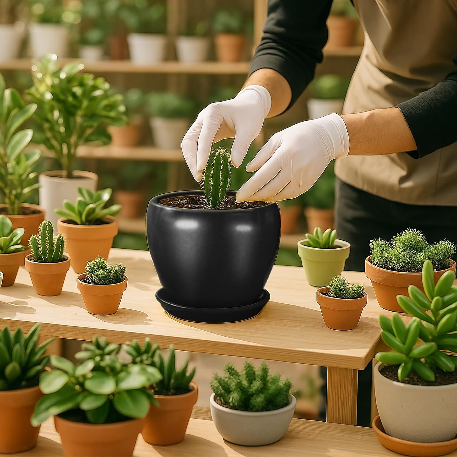Detalle 1 de Deep Dream 6-Inch Ceramic Planter with Drainage Hole and Tray, Matte Black