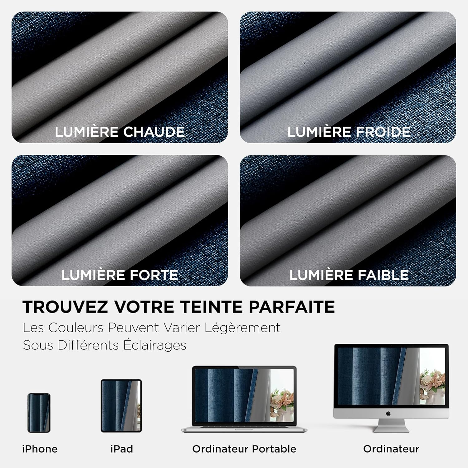 Thumbnail 5 de Joydeco 2 panneaux rideaux occultants thermiques effet lin à œillets 117 x 137 cm (bleu marine) – anti UV et anti bruit