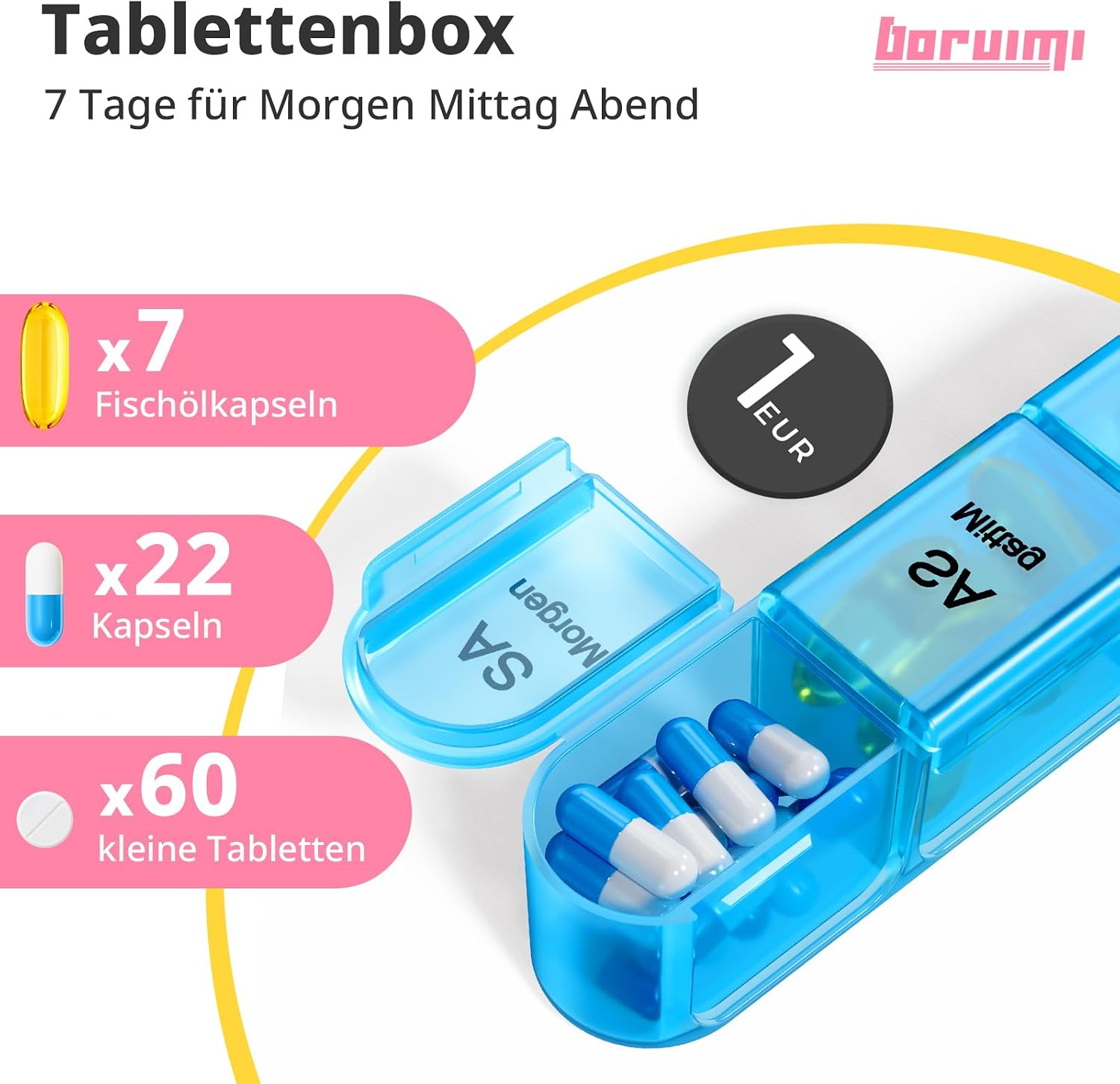 Detalle de Doruimi Tablettenbox für 7 Tage mit 3 Fächern (Morgens/Mittags/Abends) – rosa, kompakt