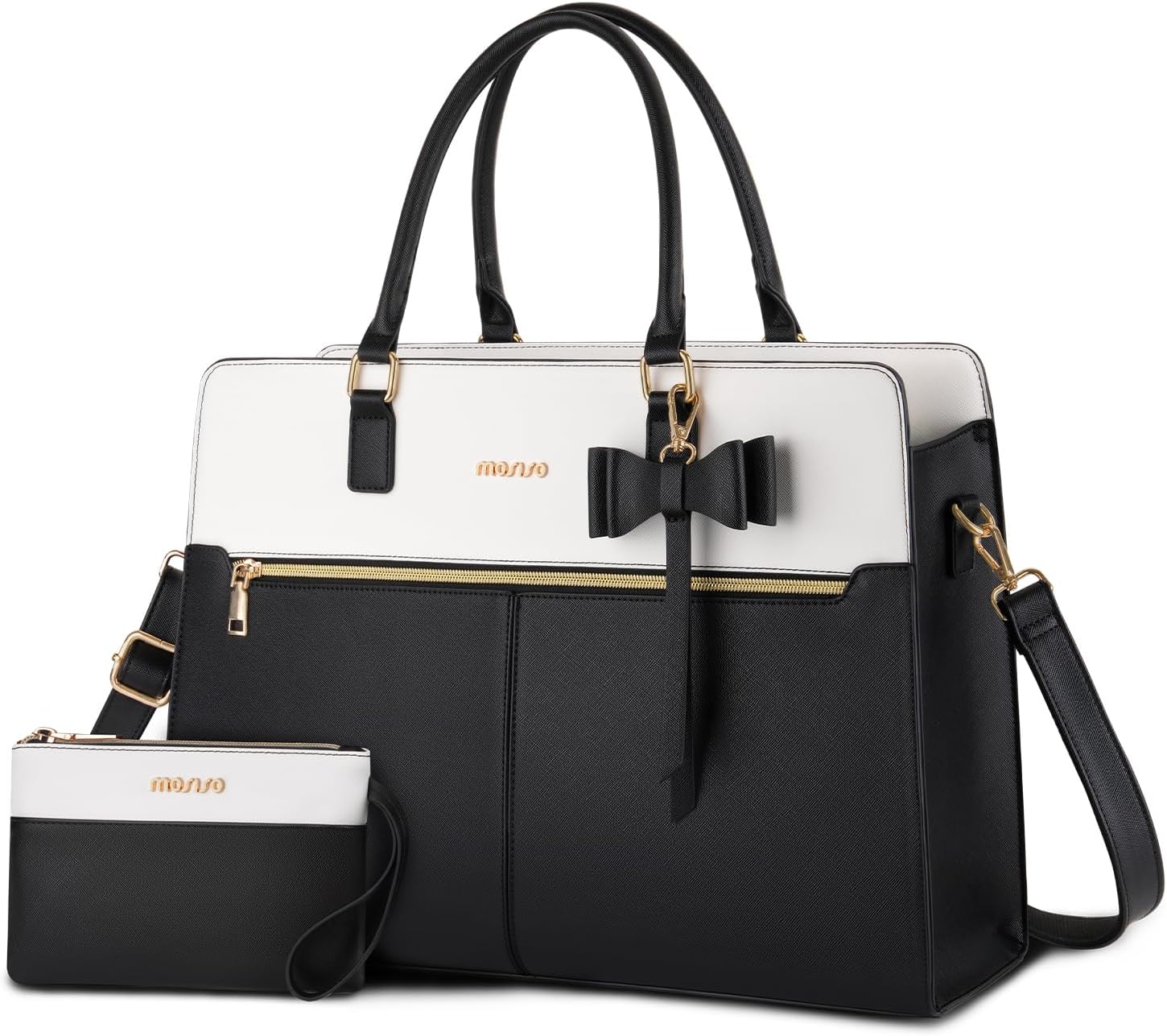 Detalle de MOSISO Borsa Tote Laptop Donna 15.6'' in Pelle PU Impermeabile, con Pochette e Fiocco – Nero