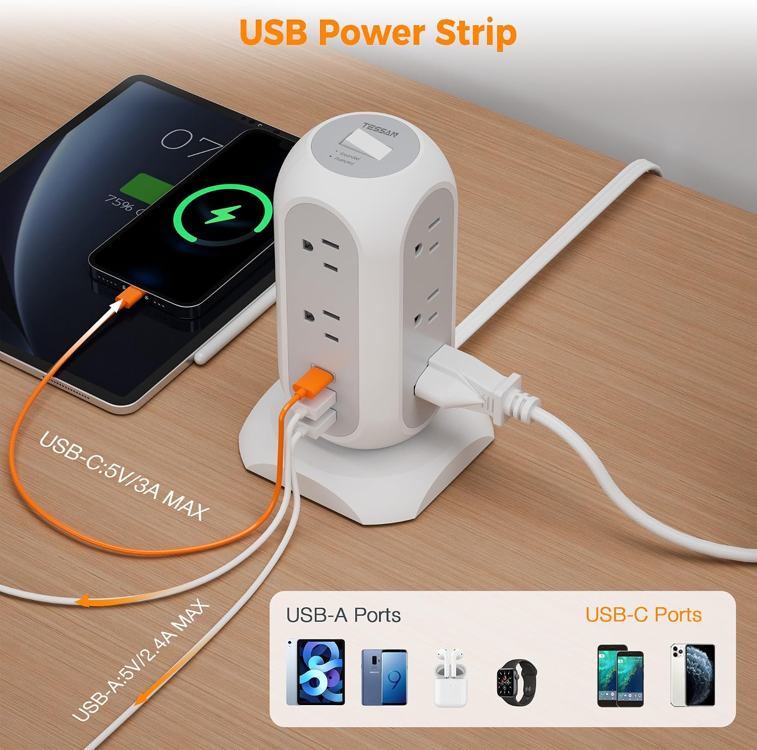 Detalle 2 de TESSAN TPS02-US Tower Power Strip, 11 Outlets, 3 USB Ports, 1050J