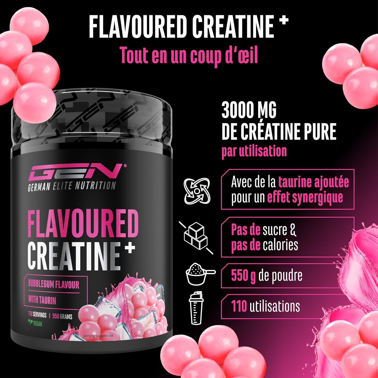 Thumbnail 1 de Flavoured Creatine poudre 550 g – Créatine monohydrate aromatisée avec L-taurine, vegan et sans sucre
