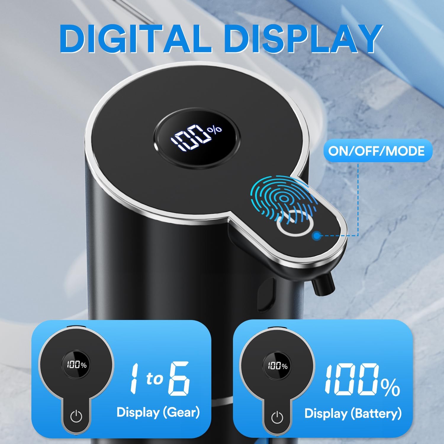 Detalle de Seifenspender Automatisch mit digitaler Anzeige, 380 ml – Berührungslos, IPX5, USB wiederaufladbar