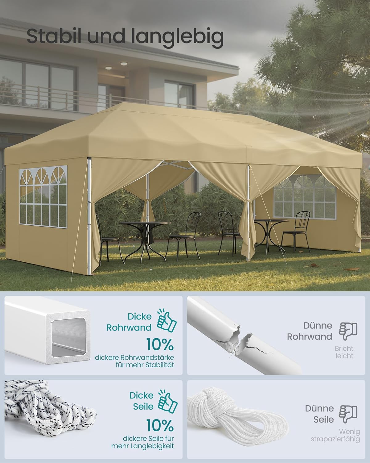 Thumbnail 2 de SONGMICS Pavillon 3 x 6 m mit Seitenwänden (beige) – faltbarer Gartenpavillon für Party, Markt & Hof GCT204LZ01