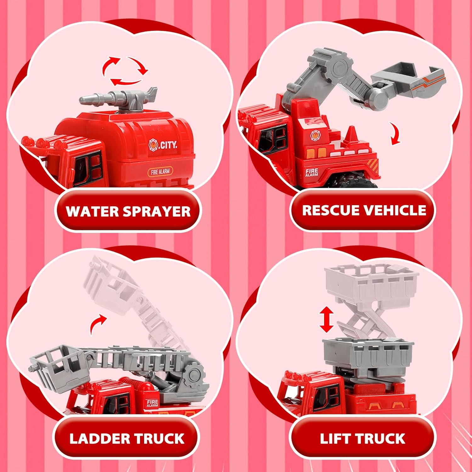 Thumbnail 2 de 4er-Set Feuerwehrautos Spielzeug (Push & Go) ohne Batterie – inkl. Leiterwagen, Tankwagen, Rettungs- & Bohrfahrzeug