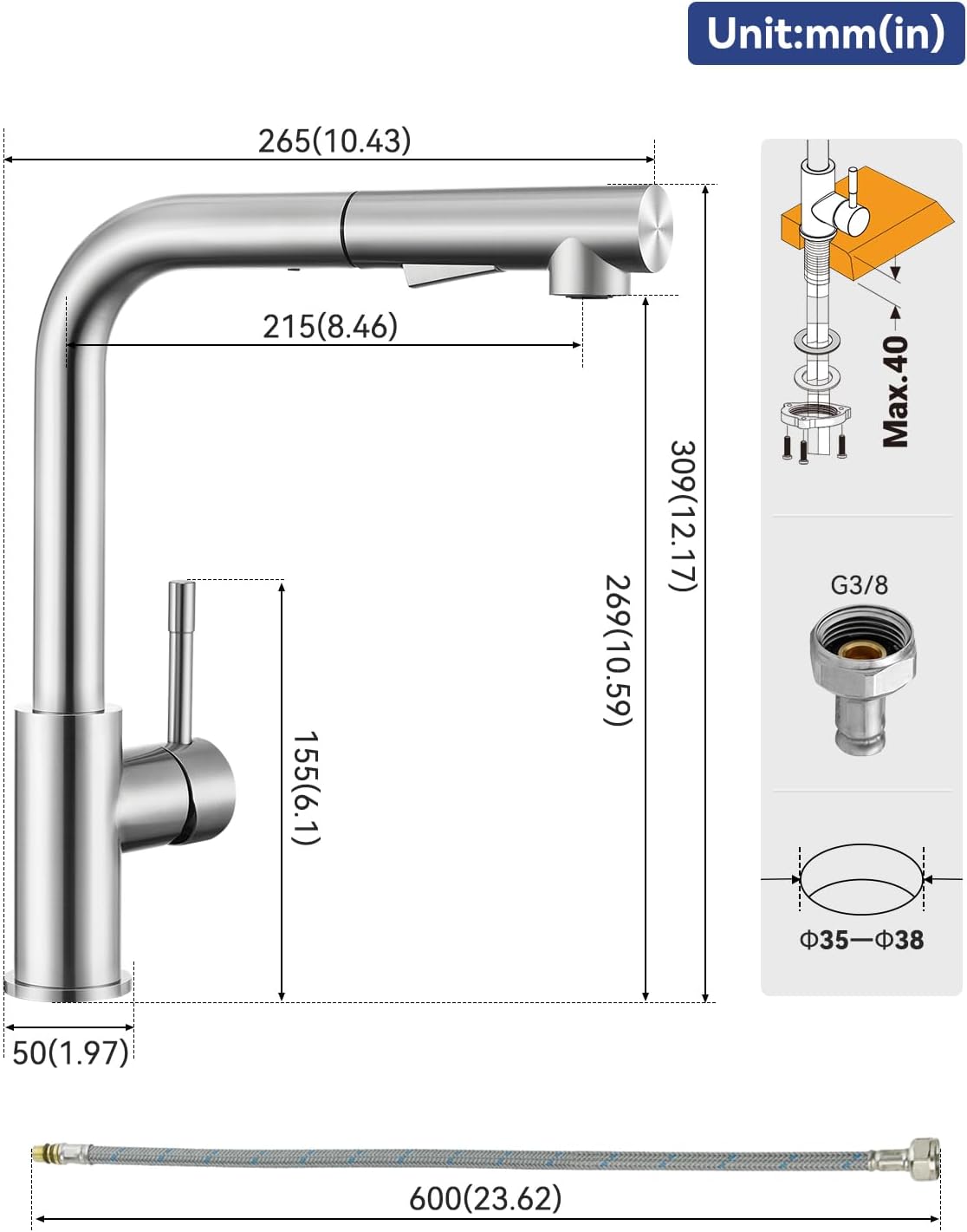 Thumbnail 5 de Sofetiy Rubinetto Lavello Cucina con doccetta estraibile e getto 2 modalità in acciaio inox 304 spazzolato