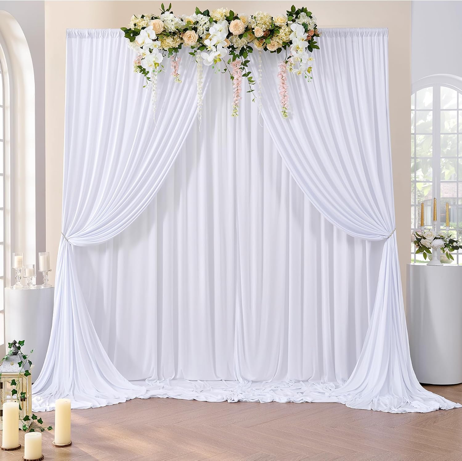 Detalle 2 de 12×3 m Weißer Hochzeits-Hintergrundvorhang mit 8 Platten – 1,5×3 m pro Platte, faltend frei, Polyester-Seide Optik