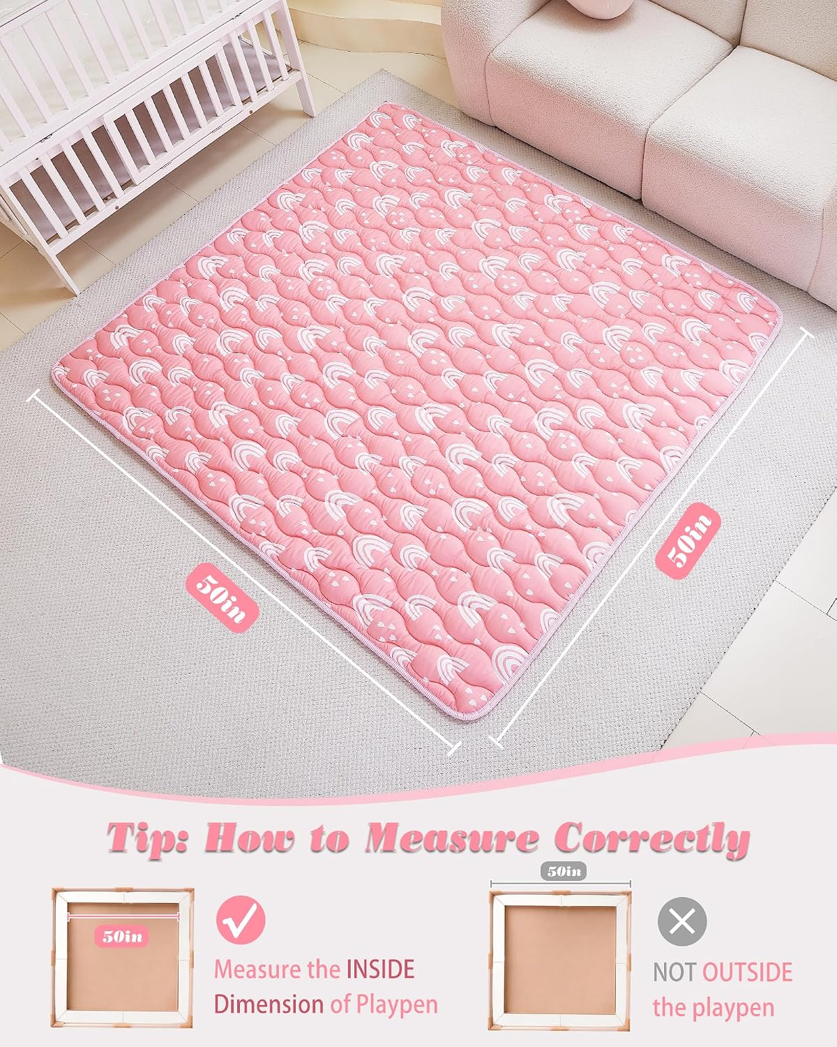 Detalle de Viviland 50x50 Inch Baby Play Mat, Pink Rainbow, Non-Slip and Machine Washable