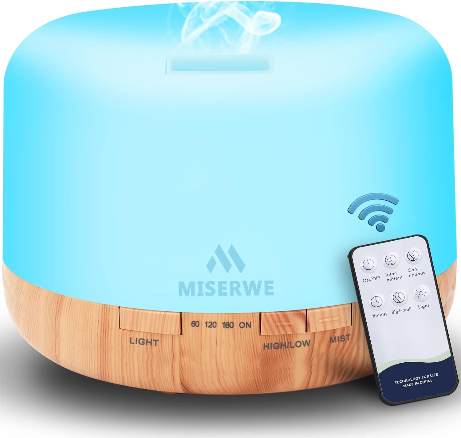 Detalle de MISERWE YX-168 500 mL Essential Oil Diffuser with Remote and 7-Colour LED