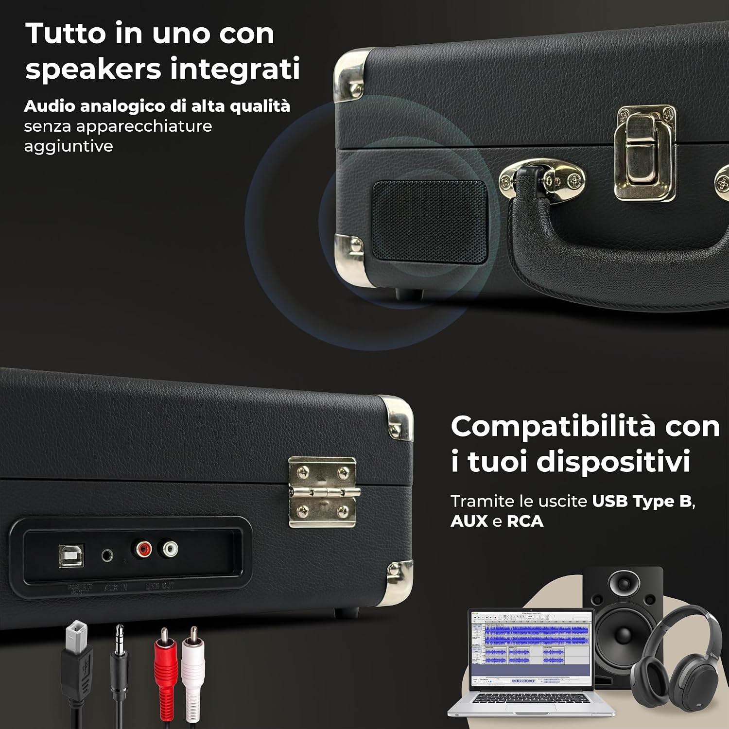 Detalle de Giradischi Denver VPL-120BLACK design valigia: 3 velocità, altoparlanti integrati e USB