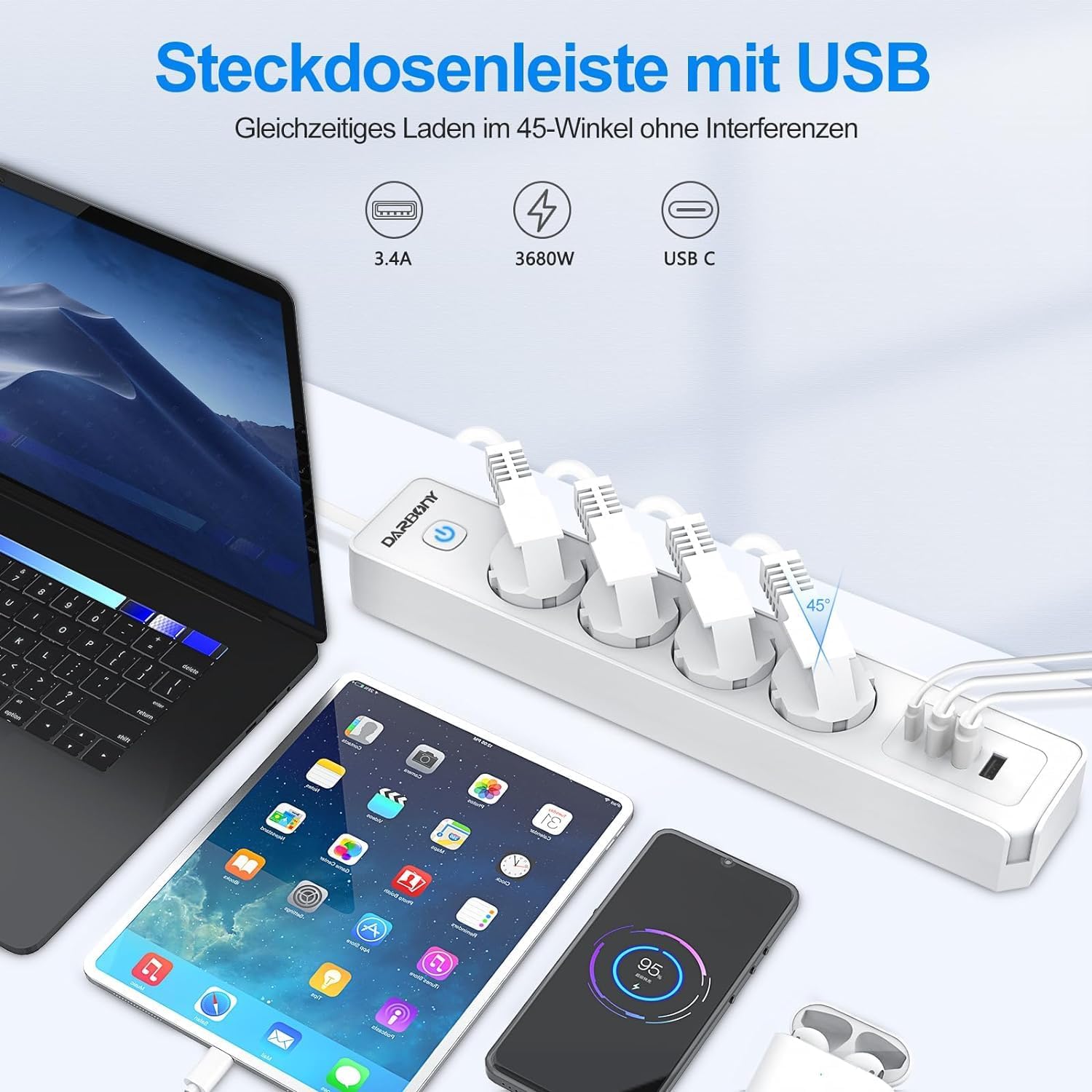 Thumbnail 4 de Steckdosenleiste 4 USB mit USB‑C, Wandmontage und Schalter – 3680 W / 16 A Mehrfachstecker mit Überspannungsschutz, 1,8 m, weiß