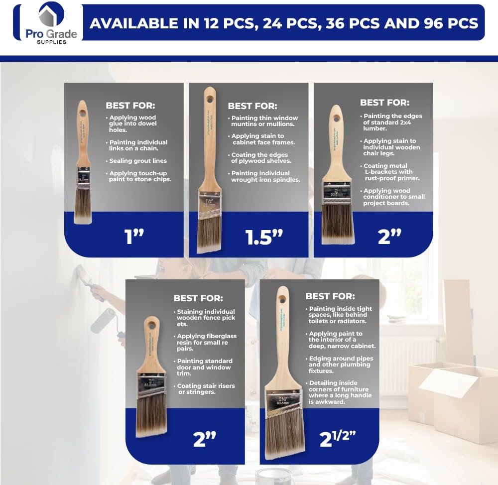 Detalle de Pro Grade Paint Brushes 5-Piece Flat & Angle Brush Set for Walls, Trim, Cabinets