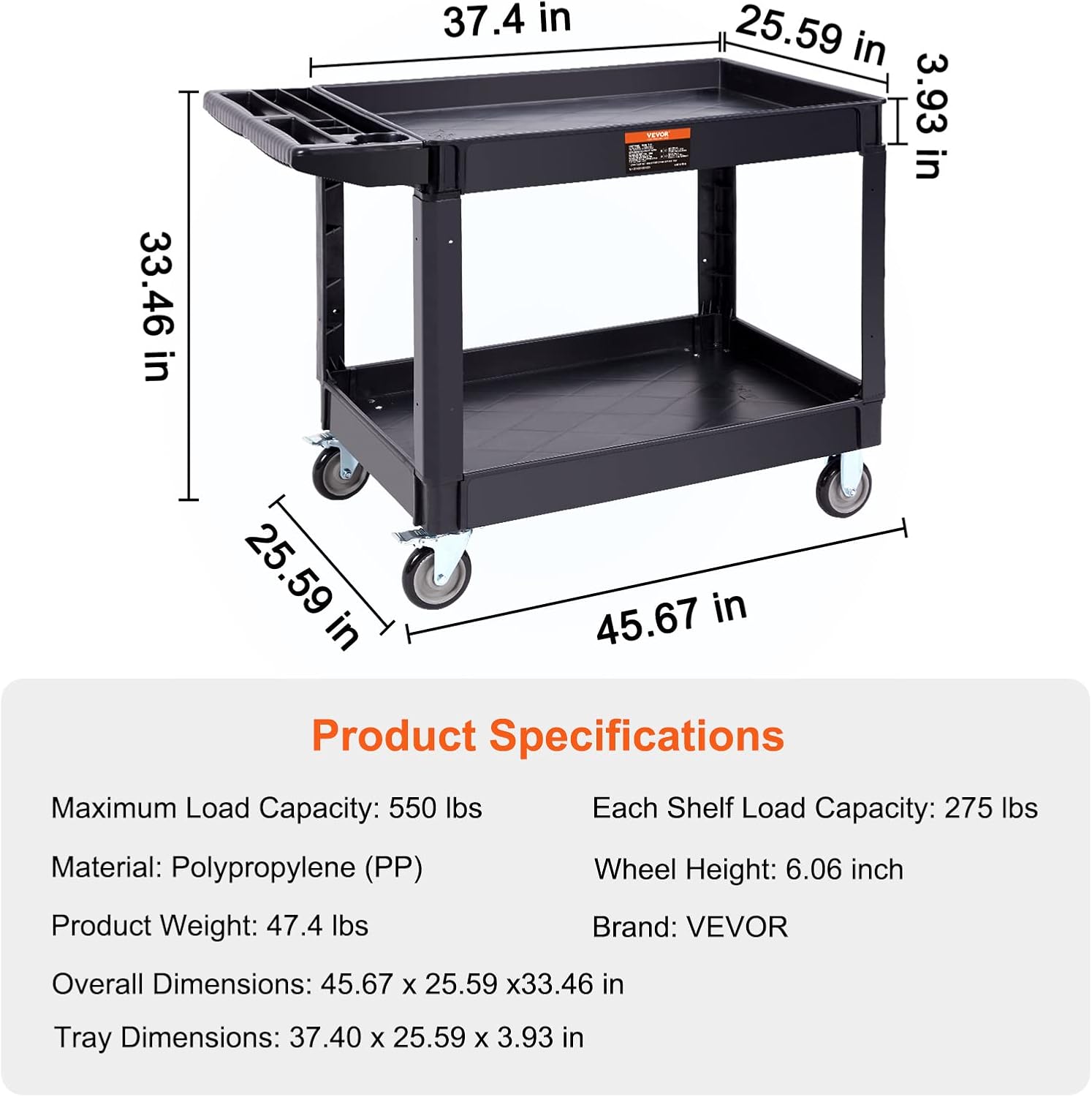 Thumbnail 6 de VEVOR 2 Shelf Utility Service Cart, 550 lb Capacity, PP Rolling Cart
