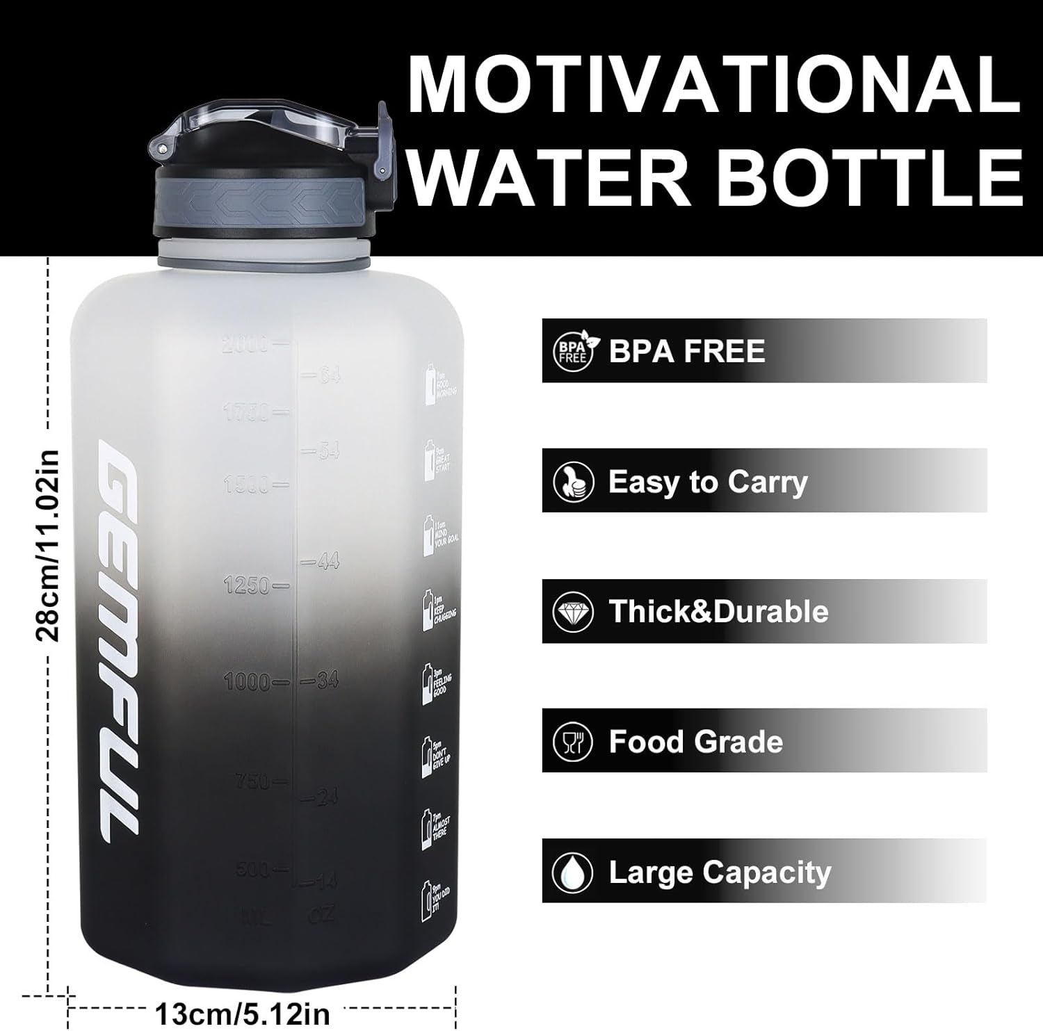 Thumbnail 4 de GEMFUL 2.2L Big Water Bottle with Straw and Time Marker – Leakproof, BPA-Free, White/Black