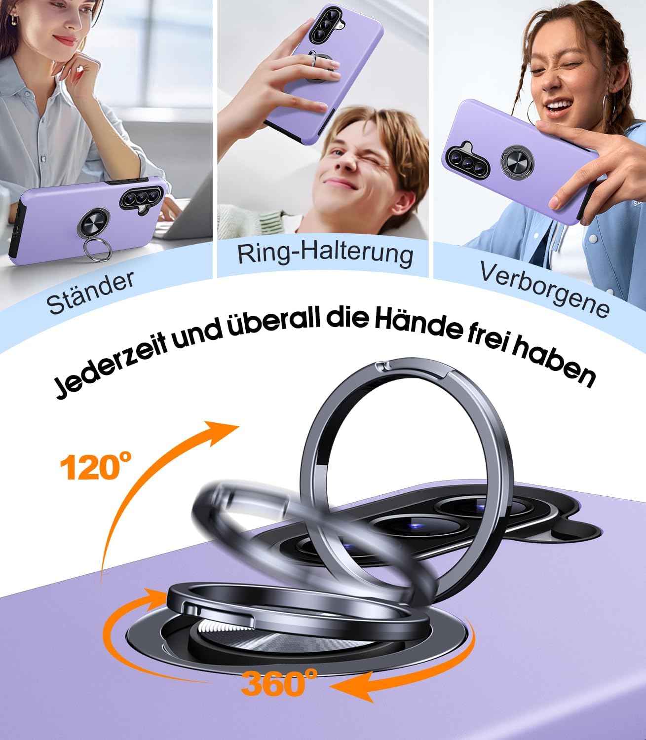 Thumbnail 2 de AOUIA Hülle für Samsung Galaxy A57 5G mit 2 Panzergläsern – 360° Ringständer, Militärischer Stoßschutz, violett