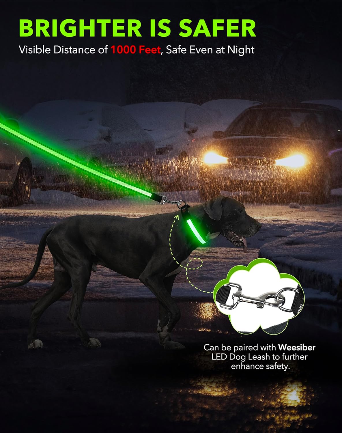 Detalle de Weesiber Light Up Dog Collar - Medium (38-50cm) with USB-C Rechargeable LED, Reflective and Water-Resistant