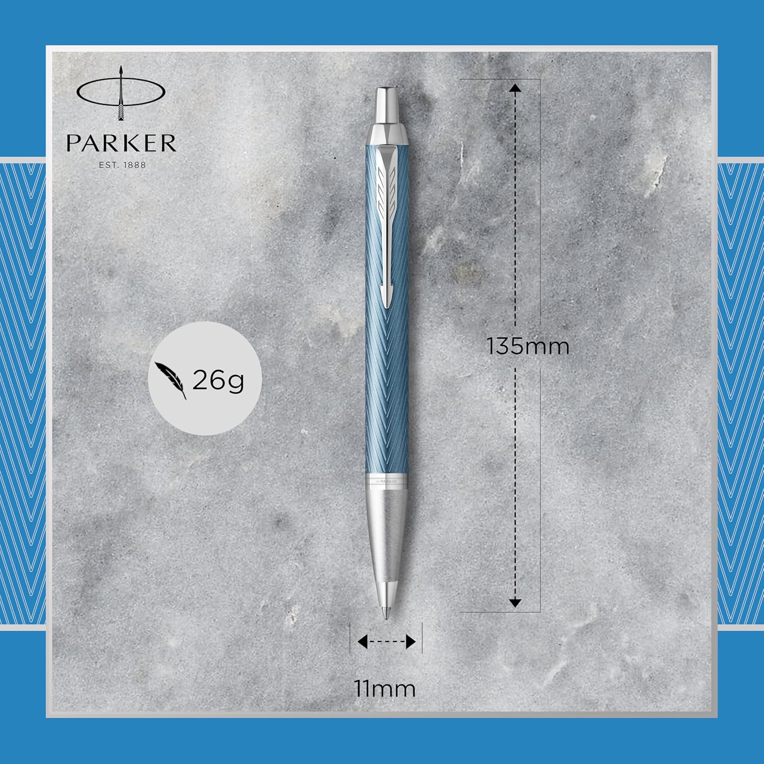 Detalle de Parker IM stylo bille Bleu gris Premium à attributs chromés, pointe moyenne et encre bleue (coffret cadeau)