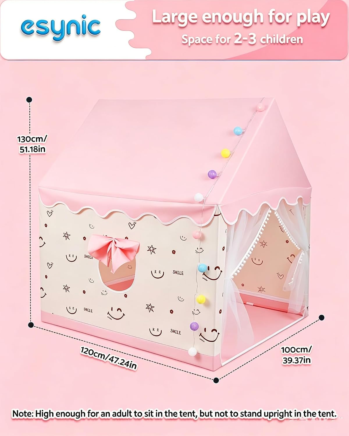 Detalle de eSynic XL-Pink003 kindertent met led-lichtketting en metalen frame