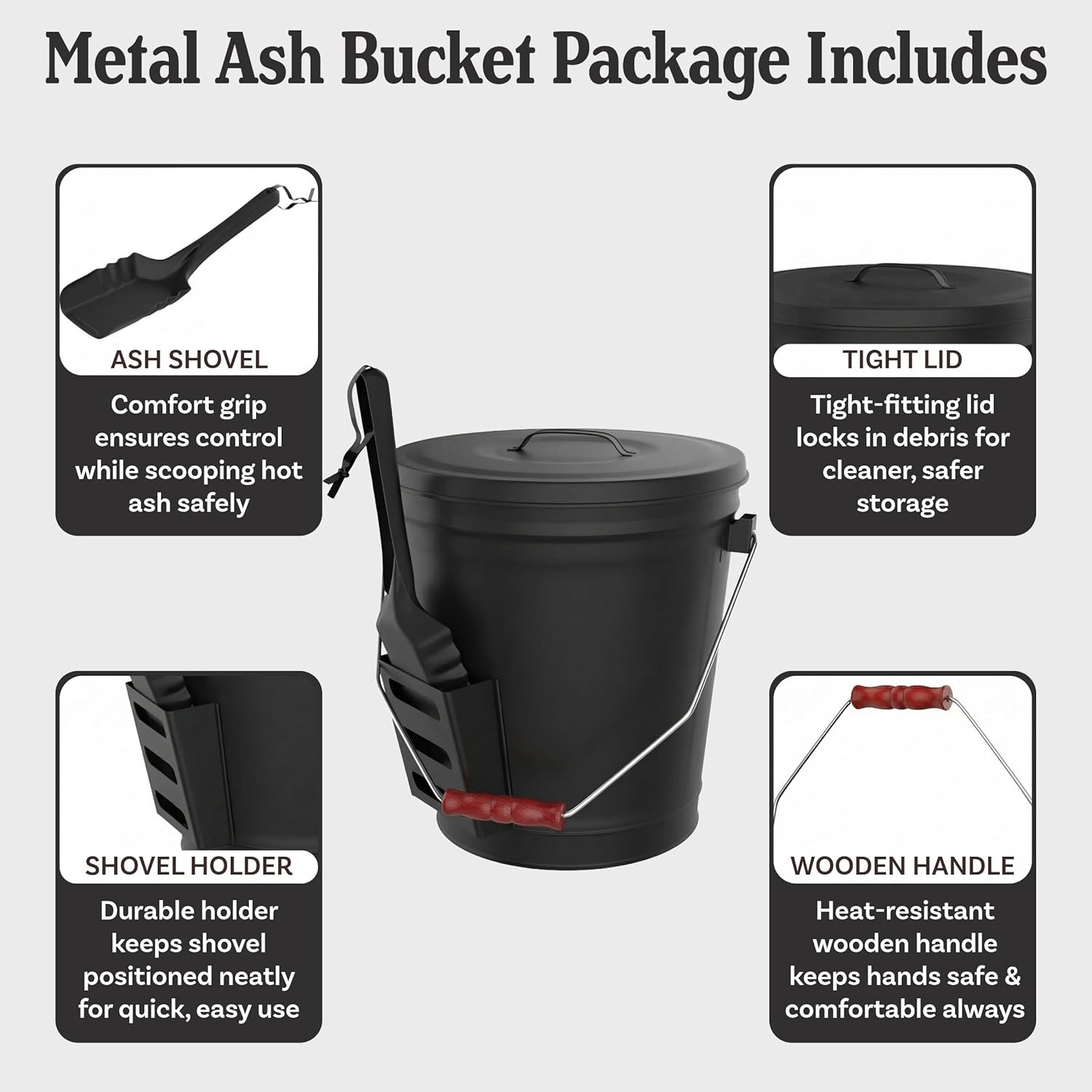 Thumbnail 2 de Ash Bucket - 4.75-Gallon Metal Bucket with Lid and Shovel for Fireplace or Firepit Ashes by Pure Garden (Black)