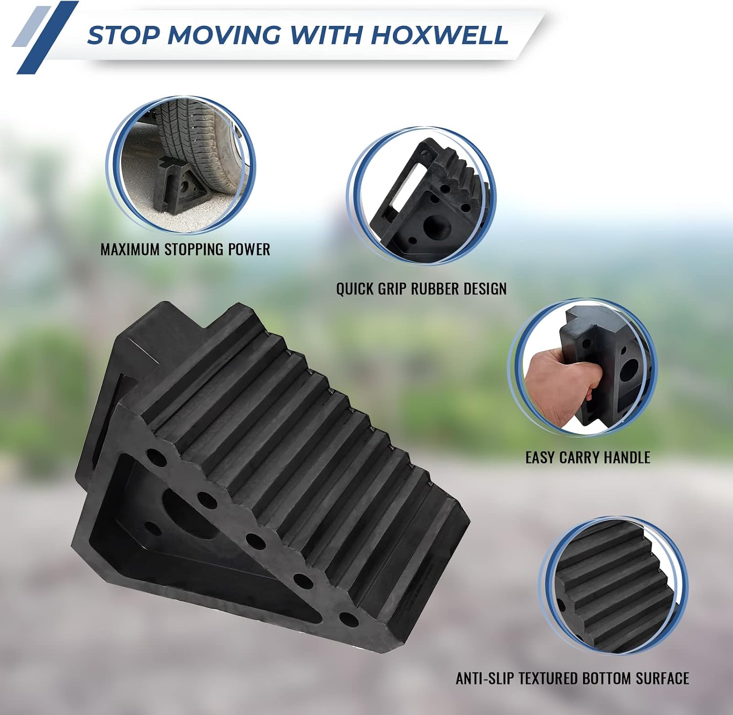 Thumbnail 2 de HOXWELL Solid Heavy Duty Rubber Wheel Chocks (4 Pack) — 8" x 4" x 6" Premium Stopper for RVs, Trailers, Trucks, and ATVs