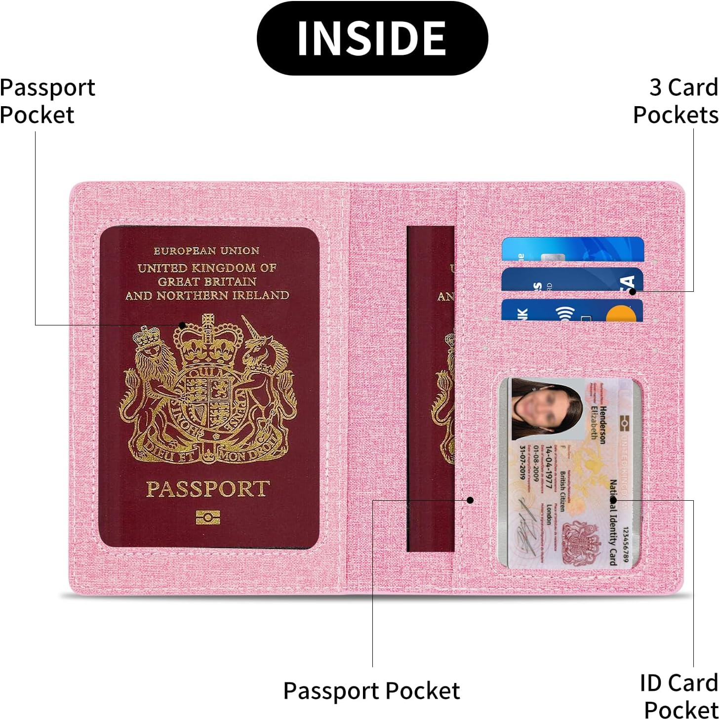 Thumbnail 1 de Cinocratic RFID Blocking Passport Holder Cover & Travel Wallet – Pink PU Leather Organiser for Cards, Boarding Pass and ID