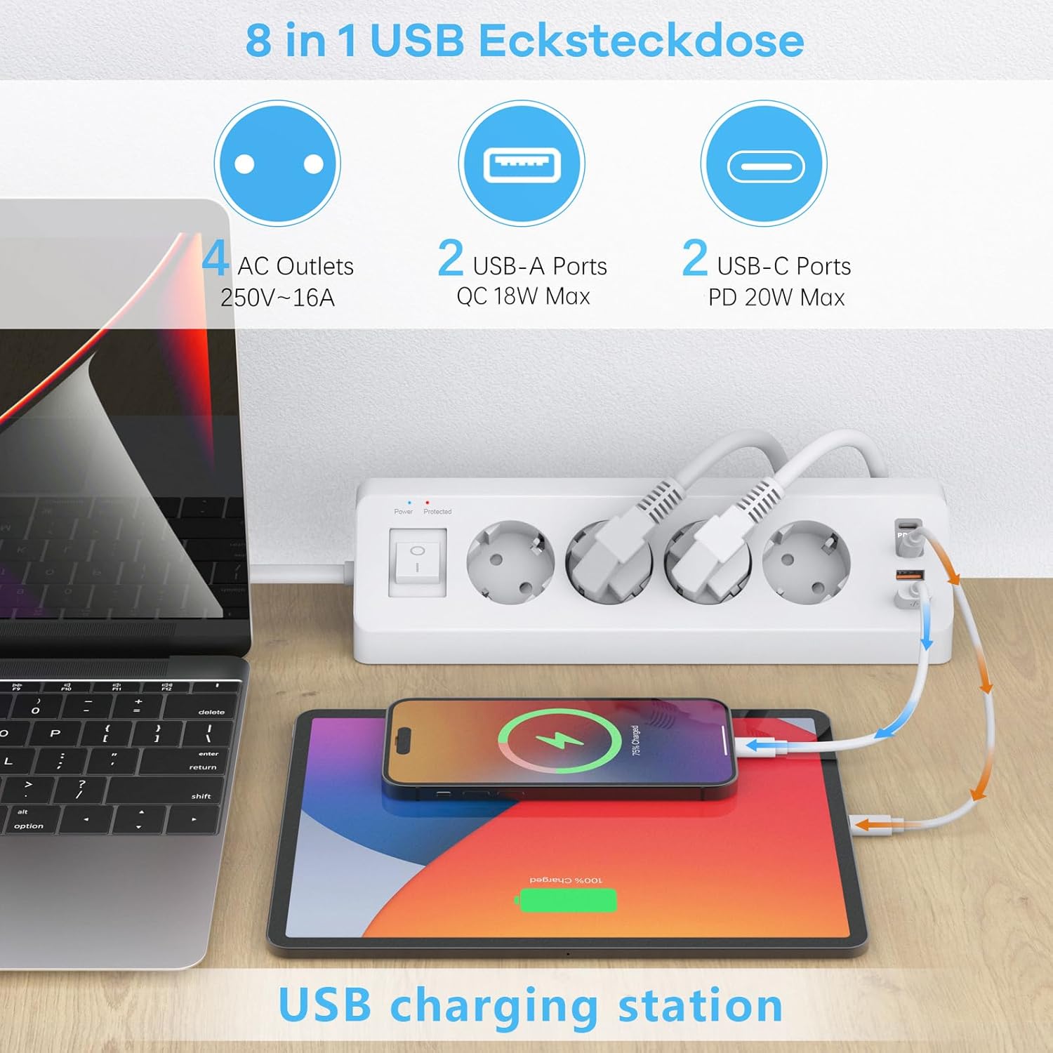 Detalle 2 de SUDEERY 8-in-1 Steckdosenleiste: 4-fach Ecksteckdose mit USB-C PD 20W und USB-A QC 18W