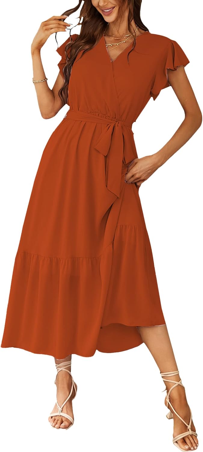 Detalle de PRETTYGARDEN Women's Summer Floral Boho Maxi Dress - Wrap V-Neck, Ruffle Hem, Short Sleeves