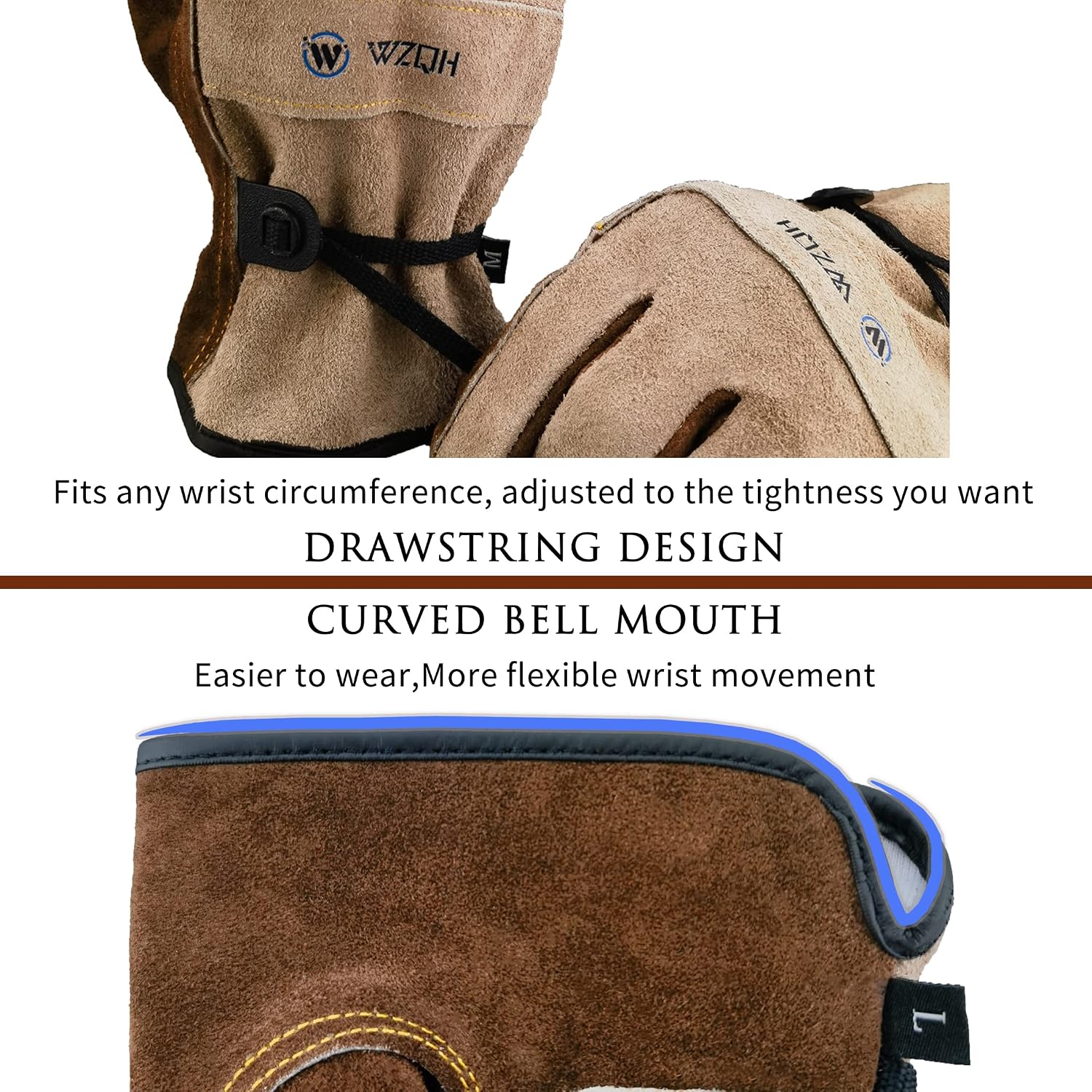 Detalle de WZQH Leather Work Gloves for Men or Women (Large) – Split Cowhide, Cotton Lined, for Gardening, TIG/MIG Welding & Construction