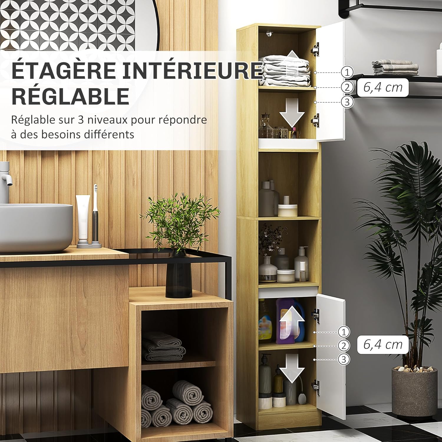 Detalle 2 de HOMCOM Meuble Colonne Salle de Bain à 6 Niveaux – rangement étroit 30 × 24 × 170 cm en chêne et blanc
