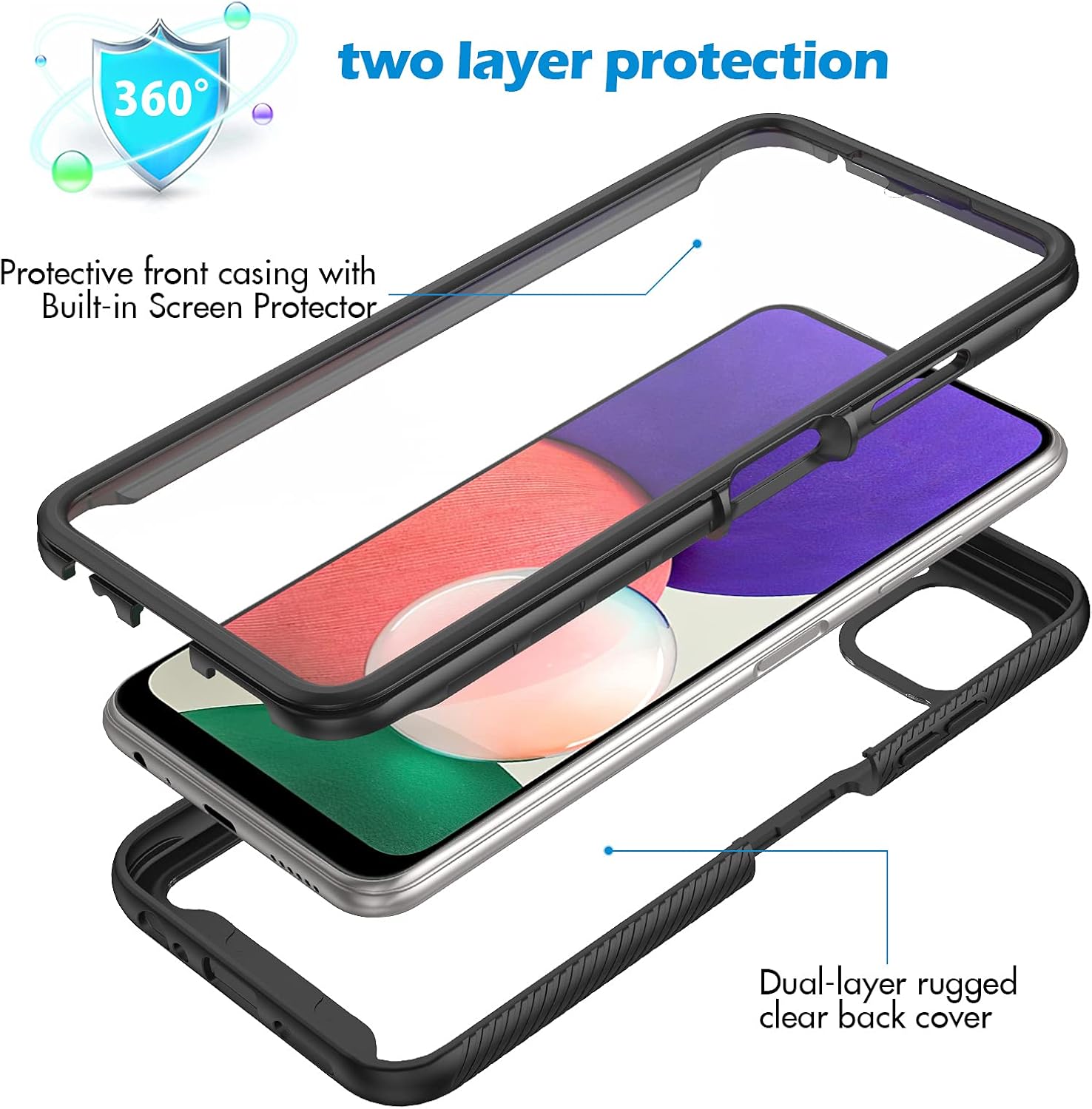Thumbnail 1 de CENHUFO 360° Protective Case with Built-in Screen Protector for Samsung Galaxy A22 5G (Black)